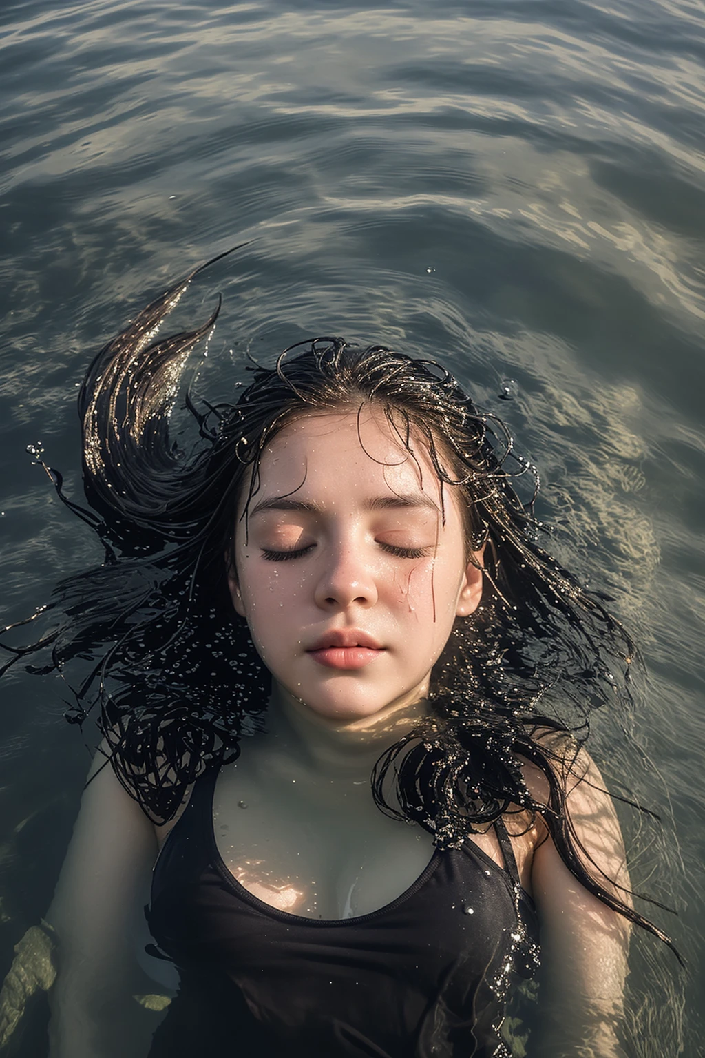 high angle shot of a young woman lying in lake, from above, portrait, submerged, relaxed pose, closed eyes, 
wet surface, scattered items, gentle breeze blew, 
outdoors, water, rich texture detail, sunny day, moody lighting, <lora:Lying_v7.0:0.6>,