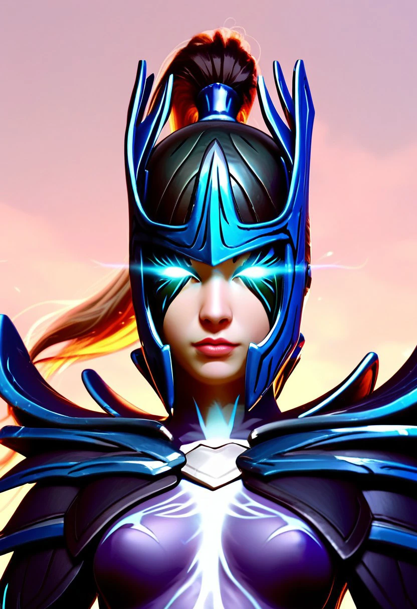 score_9, score_8_up, score_7_up, score_6_up, derpibooru_p_95, source_anime, very aesthetic, anime screencap, anime coloring, 
phantom assassin arcana, phantom assassin arcana \(dota 2\), 1girl, solo, long hair, breasts, looking at viewer, blue eyes, upper body, ponytail, weapon, armor, lips, glowing, helmet, shoulder armor, glowing eyes