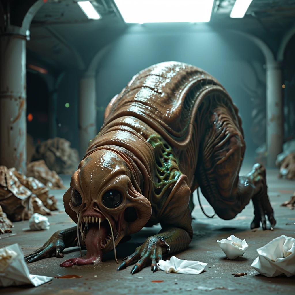 score_9, score_8_up, score_7_up, rating_explicit.
BREAK dystopian indoor sci-fi cinematic still, grotesque-looking alien creature that resembles a tadpole with milky ribbed skin adorned with a obsidian black pattern. Fidgeting in a green-brown organic slurry inside concrete bunker. Early morning natural light streaming through a narrow embrasure, soft shadows. Detailed observation of vile organoids and remains of alien organisms scattered around. The impression is that a massive alien creature has exploded from within, leaving behind remnants of tissue and a creepy-looking white tadpole-slug.
BREAK An unsettling alien creature is fidgeting in the center of the scene. This creature closely resembles a tadpole but with an otherworldly twist. Its skin is milky and ribbed, adorned with an black pattern. The creature appears to be in distress, possibly reacting to the environment around it.
BREAK The floor of the concrete bunker is coated with a thick, green-brown organic slurry. This slurry appears to be the remnants of the exploded alien creature, with bits of tissue and other organic matter scattered throughout. The texture is wet and slimy, adding to the overall grossness of the scene.
BREAK zPDXL2 <lora:Obsidianify-000015:0.1>