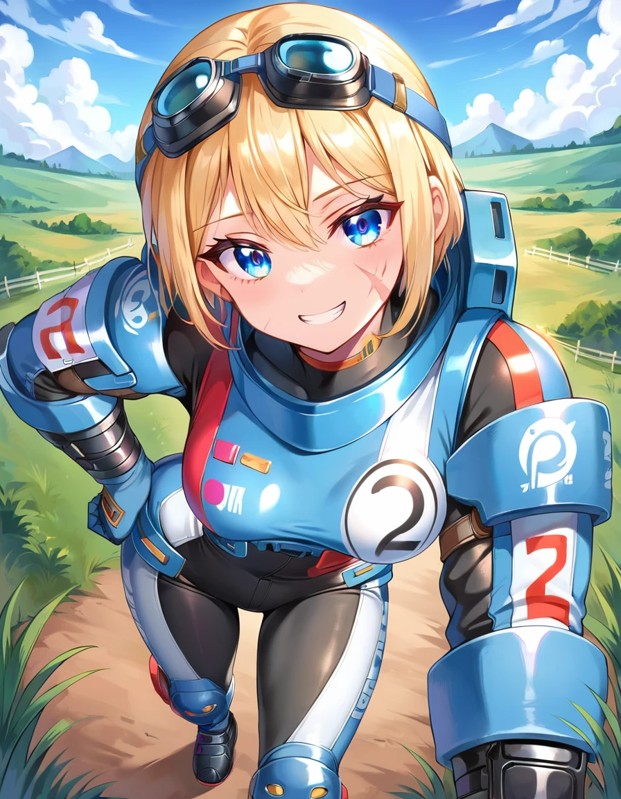 (embedding:Pony\Pony_PDXL_Negative_Embeddings\zPDXL2),plains background,1girl,black bodysuit,blue bodysuit,black gloves,blue gloves,two-tone gloves,looking at viewer,(helmet:1.1),goggles,(goggles on head:1.1),hand_on_hip,black footwear,blonde hair,blue eyes,science fiction,scar,scar on face,blue cropped jacket,scar on cheek,knee pads,medium breasts,smiling,                                               <lora:MyTrainings\Temp\Wattson_Wired_for_Speed_XL_Pony\Wattson_Wired_for_Speed_XL_Pony.safetensors:0.7>