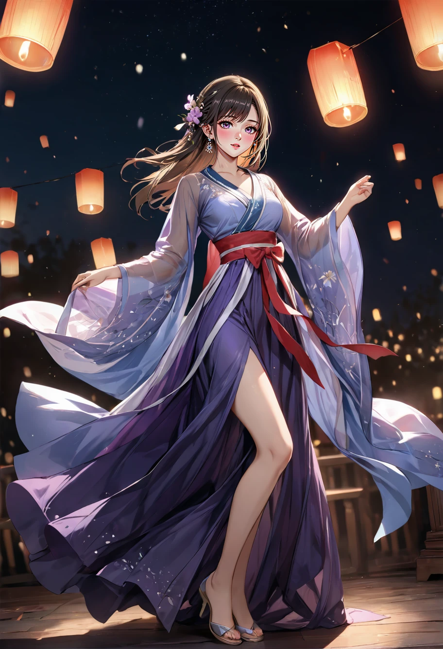 ,ruanyi0799,lantern,glowing,night sky,1girl,solo,hanfu,full body,dancing,,ruanyi0752,hanfu,purple dress,see-through,wide sleeves,<lora:0799 Kongming lantern_xl_v1:1>,<lora:0752 Wisteria butterfly hanfu_v1_pony:0.8>, masterpiece,best quality,ultra detailed,8K,super fine illustration,highly detailed beautiful face and eyes,perfect anatomy,professional lighting,