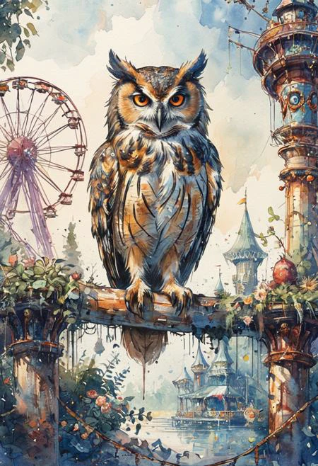 Watercolor illustration of a owl, abandoned amusement park with overgrown rides, whimsical elements, intricate details, ultra sharp, soft textures, exquisite detail, flawless composition, masterpiece, highest quality, extremely detailed CG unity 8k wallpaper,  <lora:ArsMJStyle_-_Watercolor_SD_1.5_Pony:0.8> ArsMJStyle, Watercolor