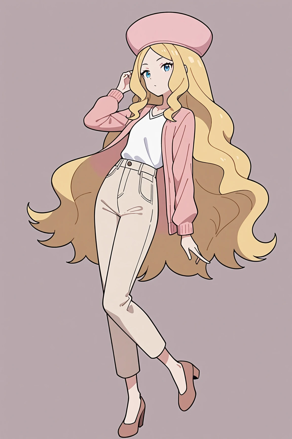 casual clothes, pk-caitlin, blonde hair, very long hair, pink hat, 1girl, solo, skinny, masterpiece, absurdres, high quality, highres, best quality, (full body:1.20), recent <lora:pk-caitlin-V01:0.3>