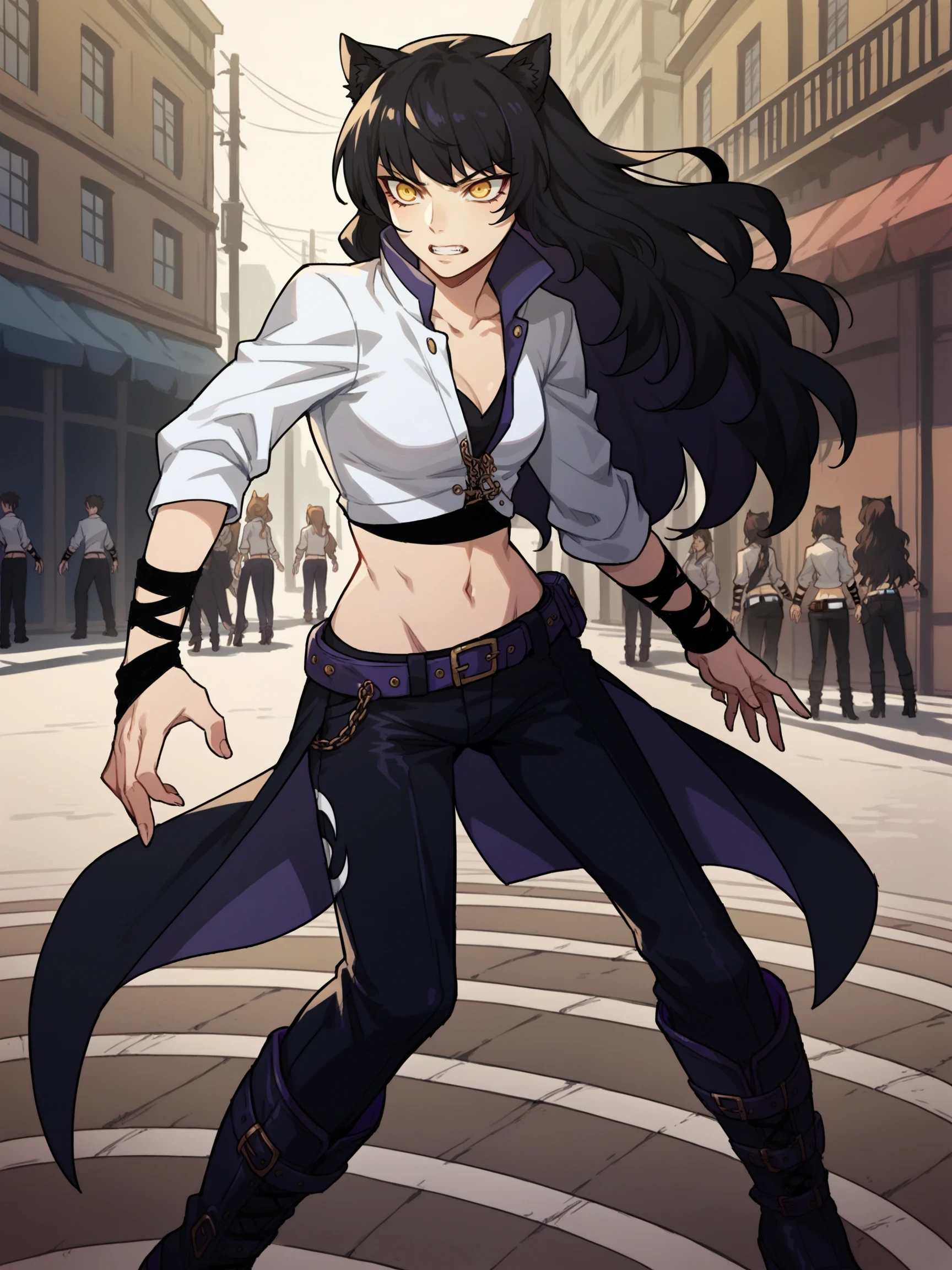 BlakeBelladonna, 1girl, solo, black hair, yellow eyes,  ((standing in a dynamic pose)), score_9, score_8_up, score_7_up, source_anime, masterpiece, ((detailed  background)), street, outdoors,

, IntruderOutfit, white jacket, wrist wraps, navel, black pants, cat ears, belt, midriff, boots, waist cover