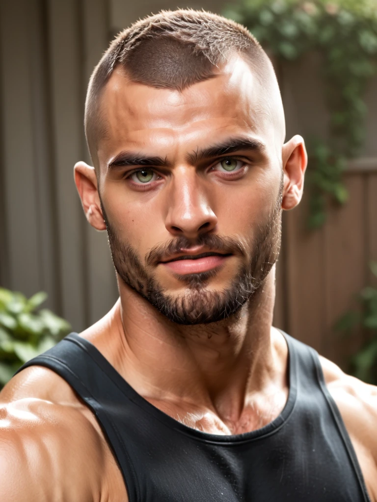 score_9, score_8_up,score_7_up, score_6_up, score_5_up, score_4_up, hyperrealistic, close up face, Adnan, buzzcut, man standing in garden, hairy body, hairy, sunny day, jeans, tank-top, masterpiece, best quality, athletic,  <lora:TrSerkan-Adnan-Pony:0.8>