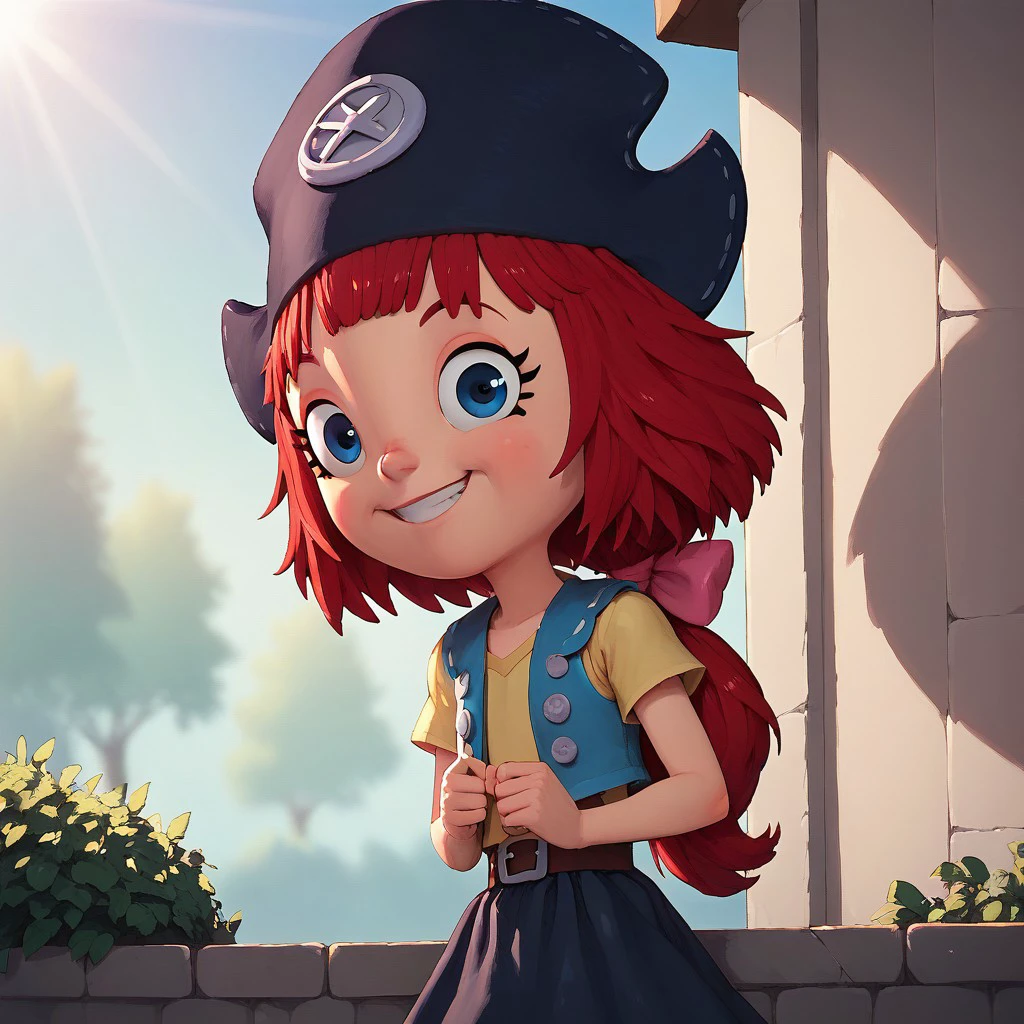 score_8, score_9, break, solo, freeda, hat, red hair, ponytail, blue eyes, skirt, smile, outdoors, sunlight, natural lighting