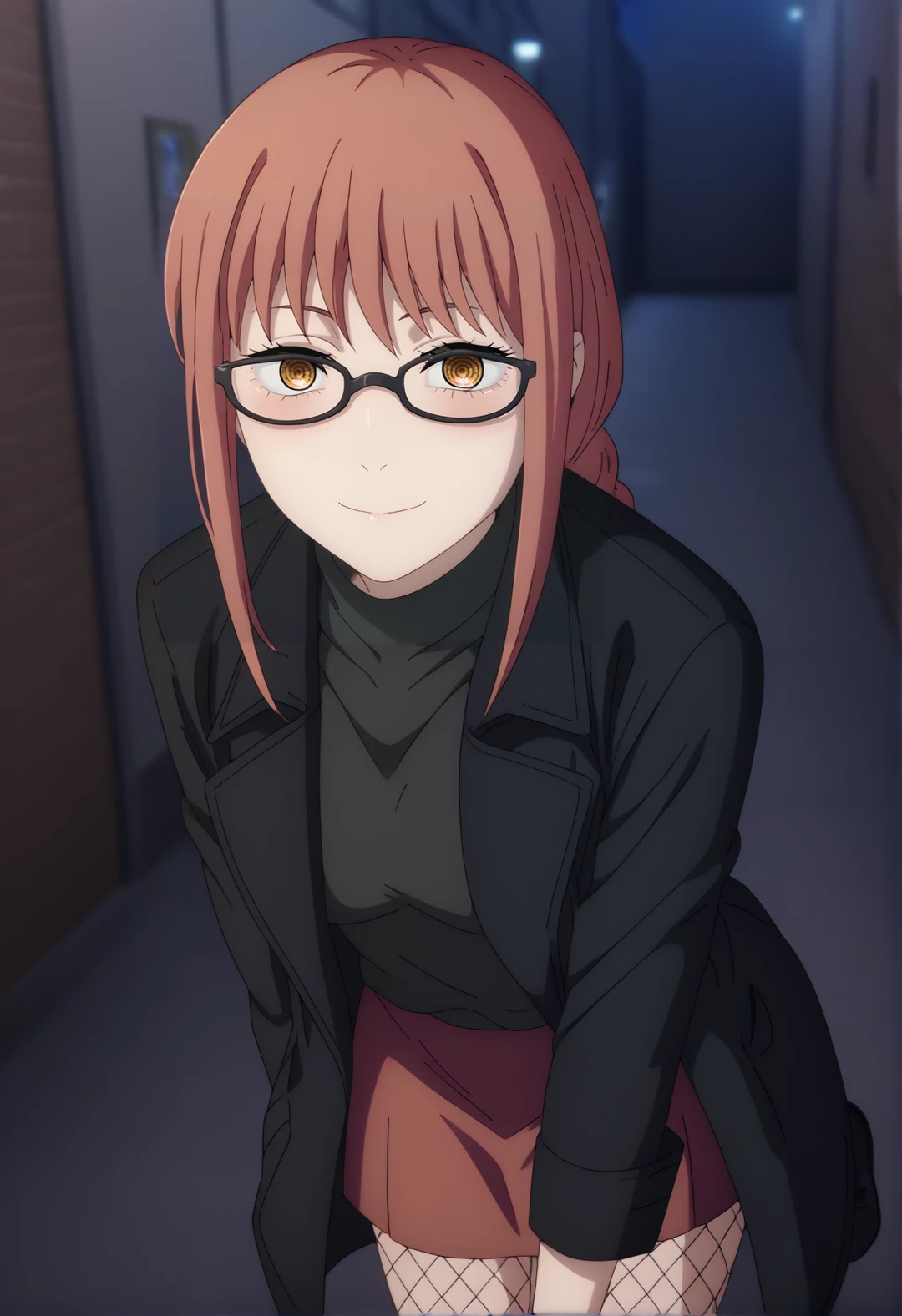 score_7_up, BREAK source_anime, MakimaV4XL, 1girl, solo, slight smile, blush, shaped eyes, yandere trance, black glasses, business suit, long black coat, coat, black sweater, red skirt, ankle boots, (fishnets),  dutch angle, city alley, night, <lora:MakimaV9XL-TEST4REAL:1>