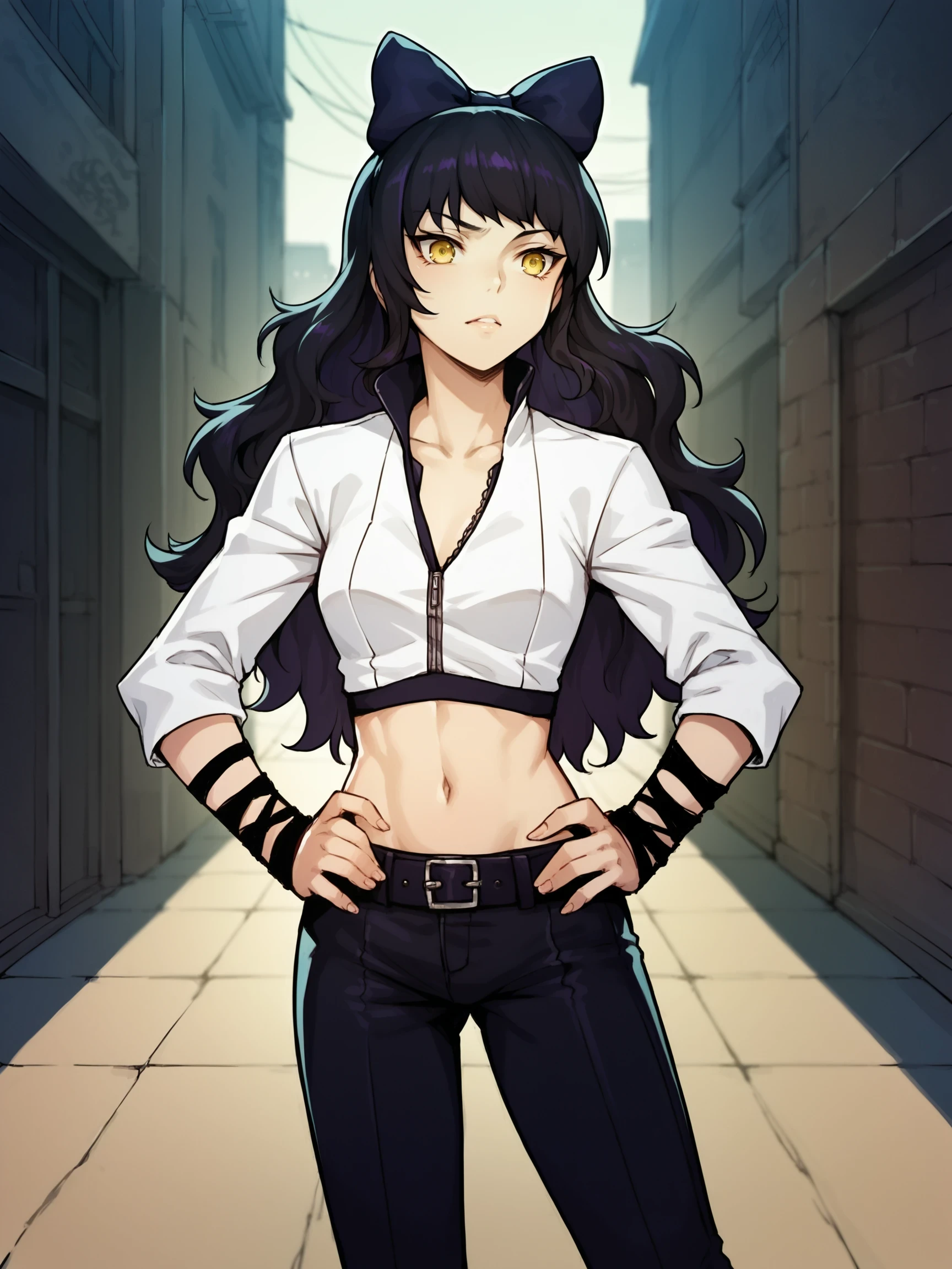 BlakeBelladonna, 1girl, solo, black hair, yellow eyes,  ((both hands on hips)), score_9, score_8_up, score_7_up, source_anime, masterpiece, ((detailed  background)), street, alley, 

, IntruderOutfit, white jacket, wrist wraps, navel, black pants, hair bow, belt, midriff, boots