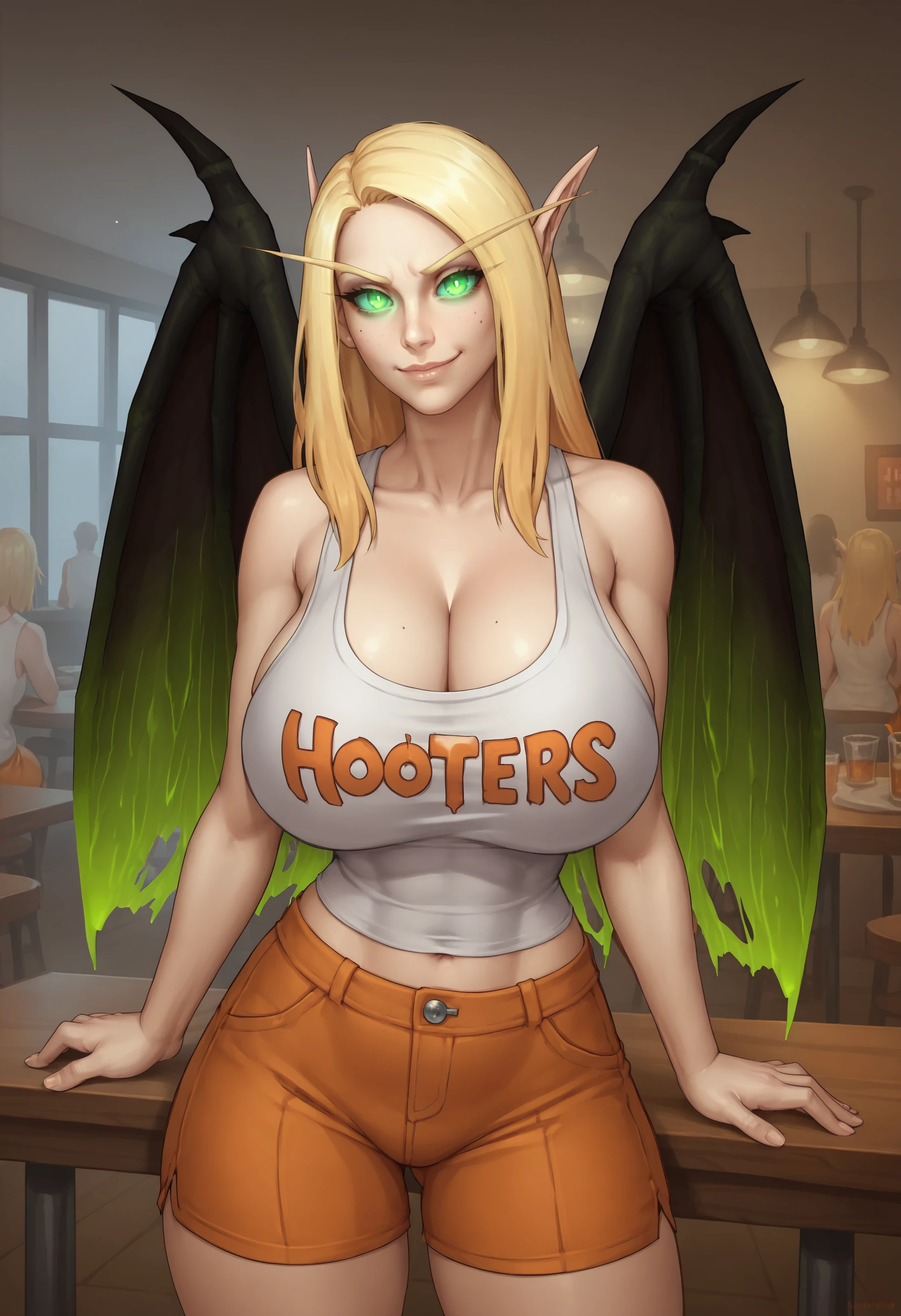 score_9, score_8_up, score_7_up, score_6_up, score_5_up, score_4_up, 1girl, <lora:AedaBrightdawn:0.75> solo, huge breasts, thick thighs,  green eyes, long hair, blonde hair, pointy ears, long eyebrows, glowing, glowing eyes, colored sclera, no pupils, wings, wearing hooters uniform, orange shorts, tanktop, smirk,
(restaurant background), tables,