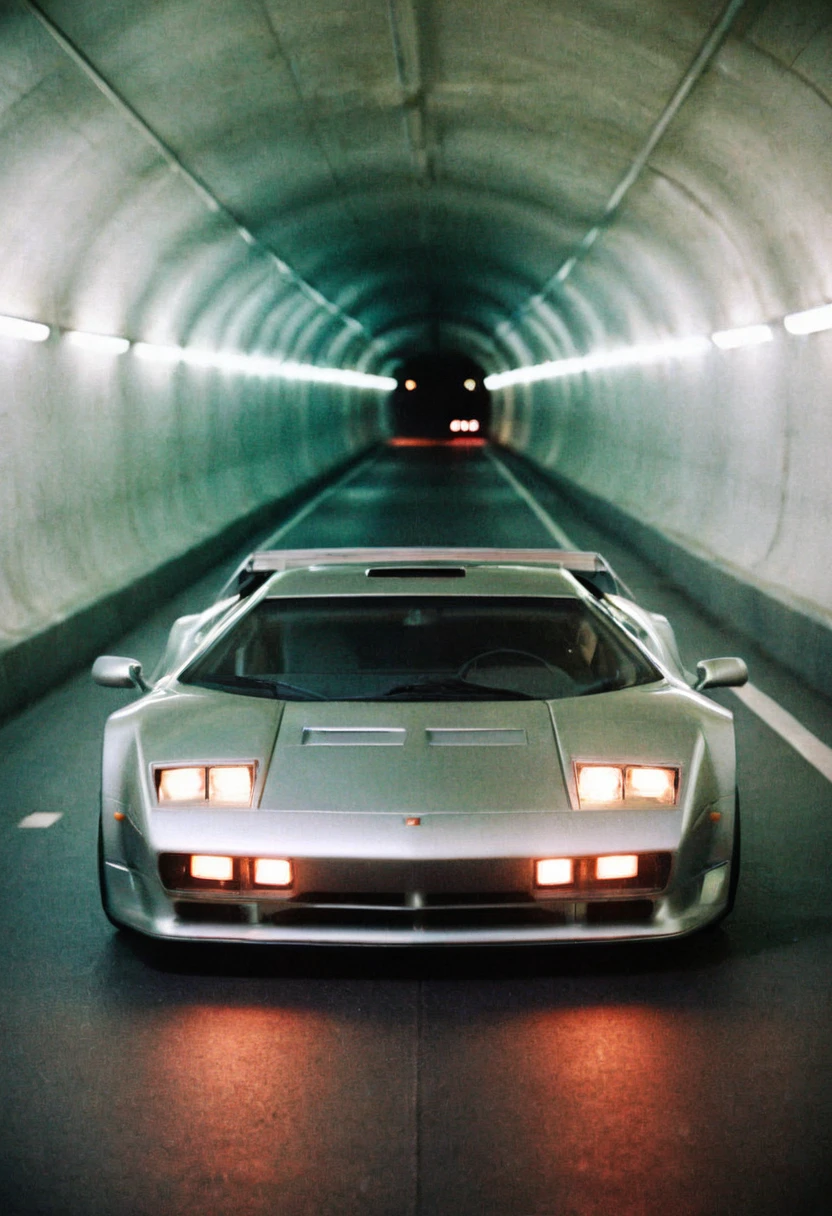 analog film photo (Sportscar silver prototype, front view, indoors, tunnel), (stylish, film grain, saturated:1.3) . faded film, desaturated, 35mm photo, grainy, vignette, vintage, Kodachrome, Lomography, stained, highly detailed, found footage