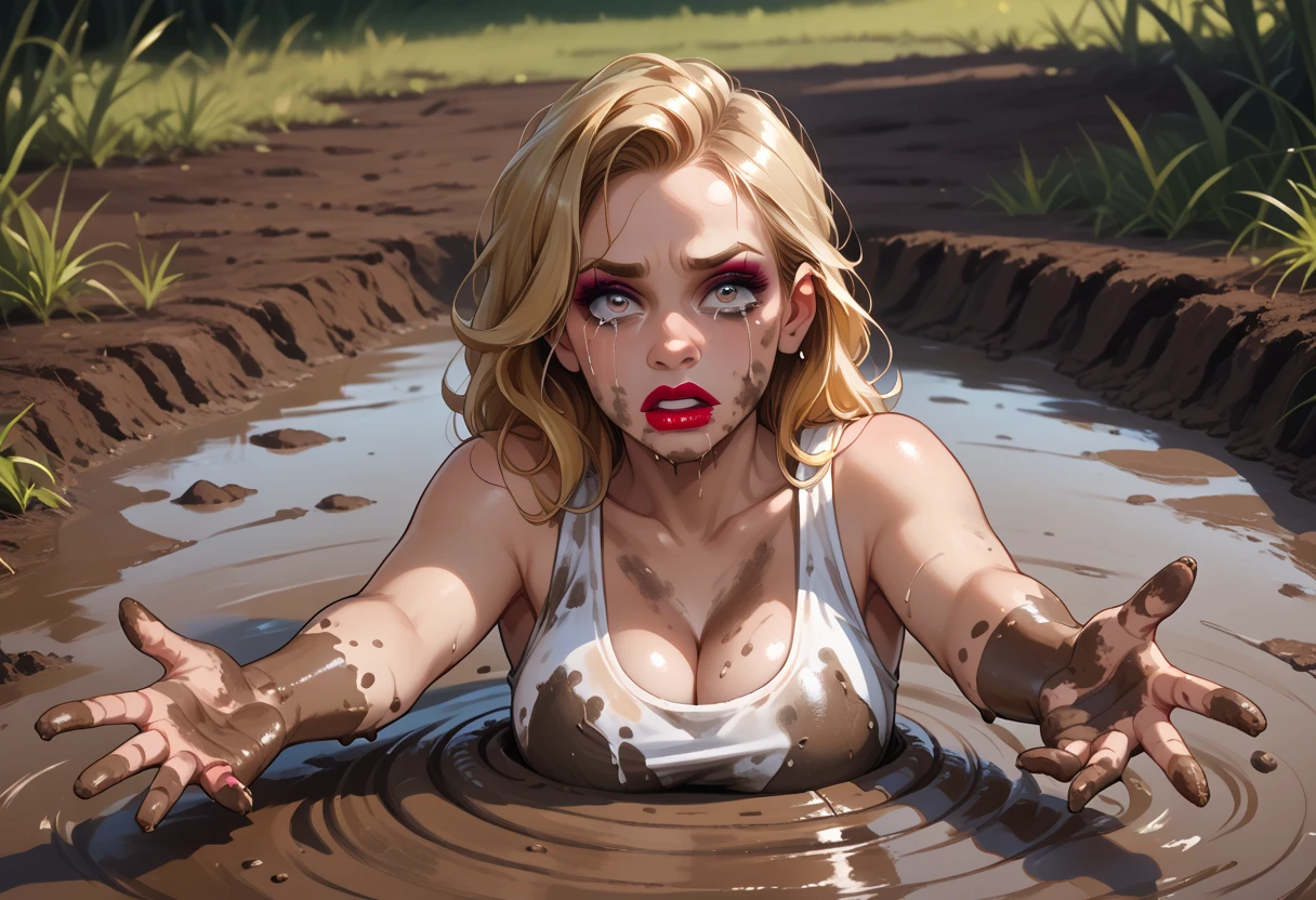 score_9, score_8_up, score_7_up, score_6_up, 1girl, makeup, lipstick, blonde hair, hud_quiks4nd, mud, quicksand, outdoors, partially submerged, dirty face, <lora:hud_quiks4nd_XLP:0.8>, cleavage, large breasts, tank top, dirty clothes, crying, reaching towards viewer,