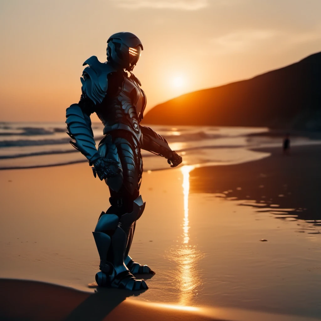 cinematic photo a full body portrait of robot, armor, helmet, fighting stance on the beach, sunset <lora:LIS-V3:0.8> . 35mm photograph, film, bokeh, professional, 4k, highly detailed