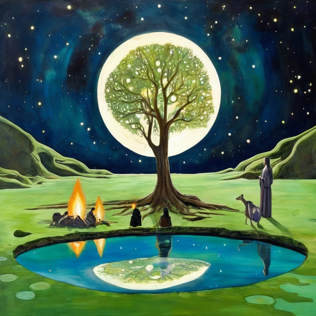 reflection of stars on river, Sefirot, tree of life, oil painting art by peter doig, night sky, occult, robes, close up circle of people, glowing air stream tree channel, <lora:AborealNewNew:1>, (((Green Nature Night Photography Art))), green moss cave, fire, deer, eye of providence, landscape, abstract nature art, stars in the night sky, magic circles