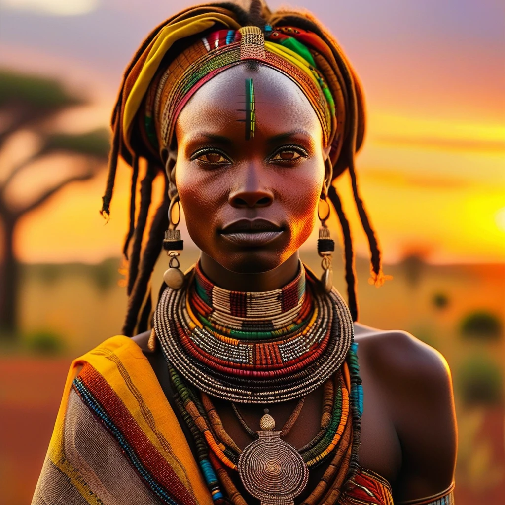 A powerful portrait of a woman with dreadlocks and striking amber eyes. She is dressed in traditional African attire with bold patterns and vibrant colors, standing in a vast savannah at sunset.