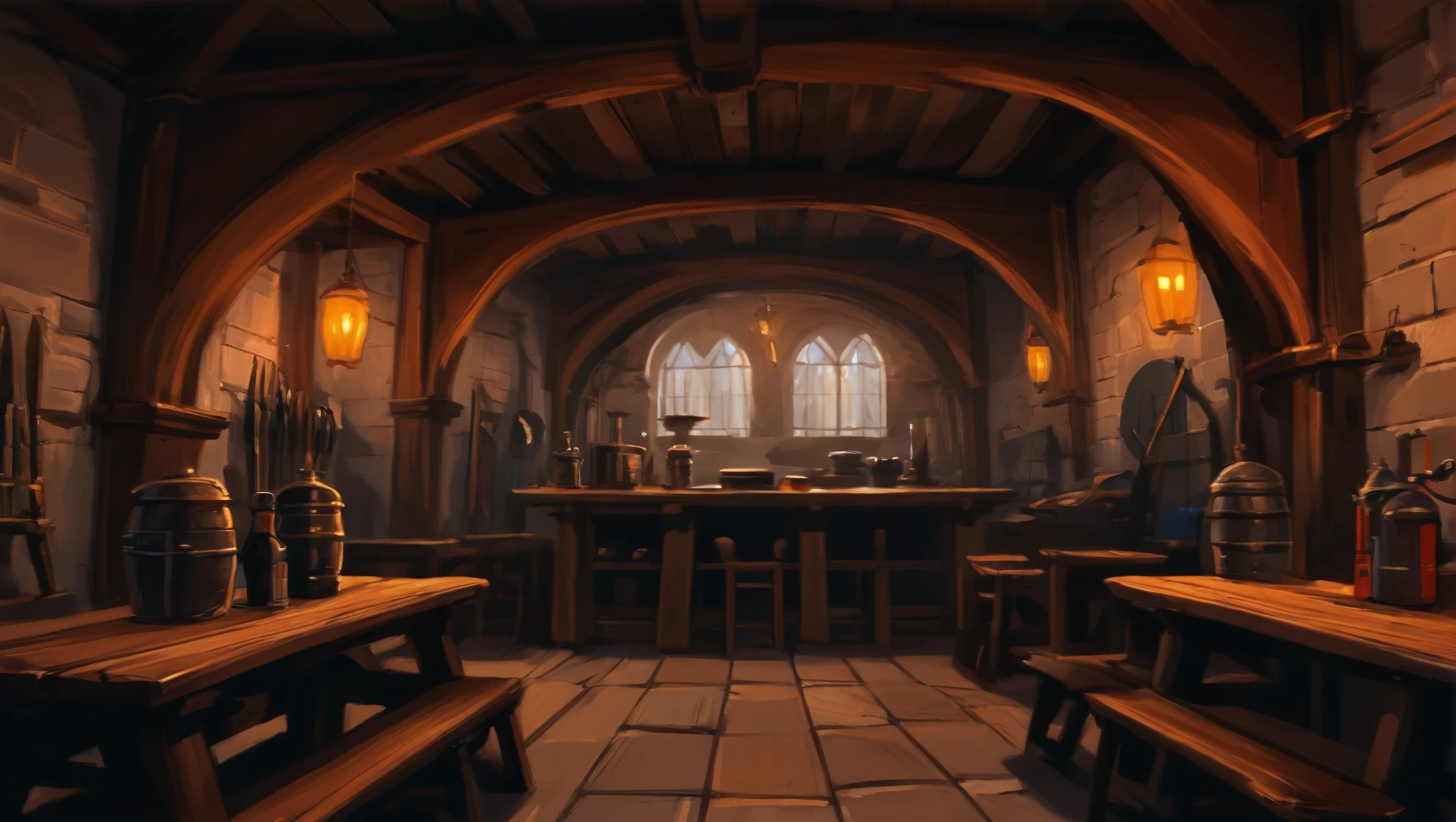 digital painting, anime, Fortified Hunter's Tavern, Weapon racks, <lora:EnvyMedievalInteriorXL01:0.75>