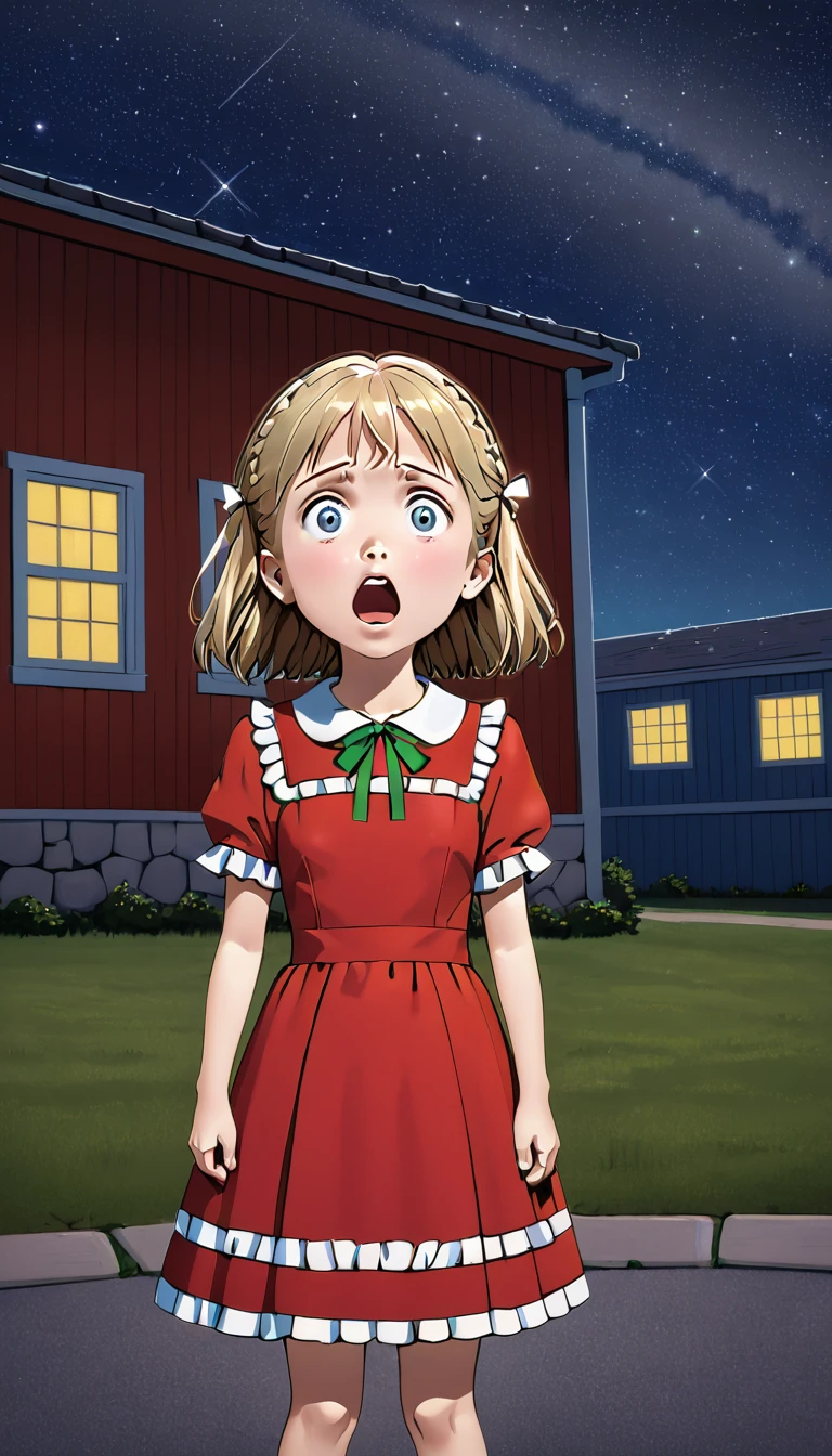 <lora:MeanNelly_Pony_XL:1> A MeanNelly girl  looks surprised standing in front of a building labeled 'MeanNelly' under a starry night sky.