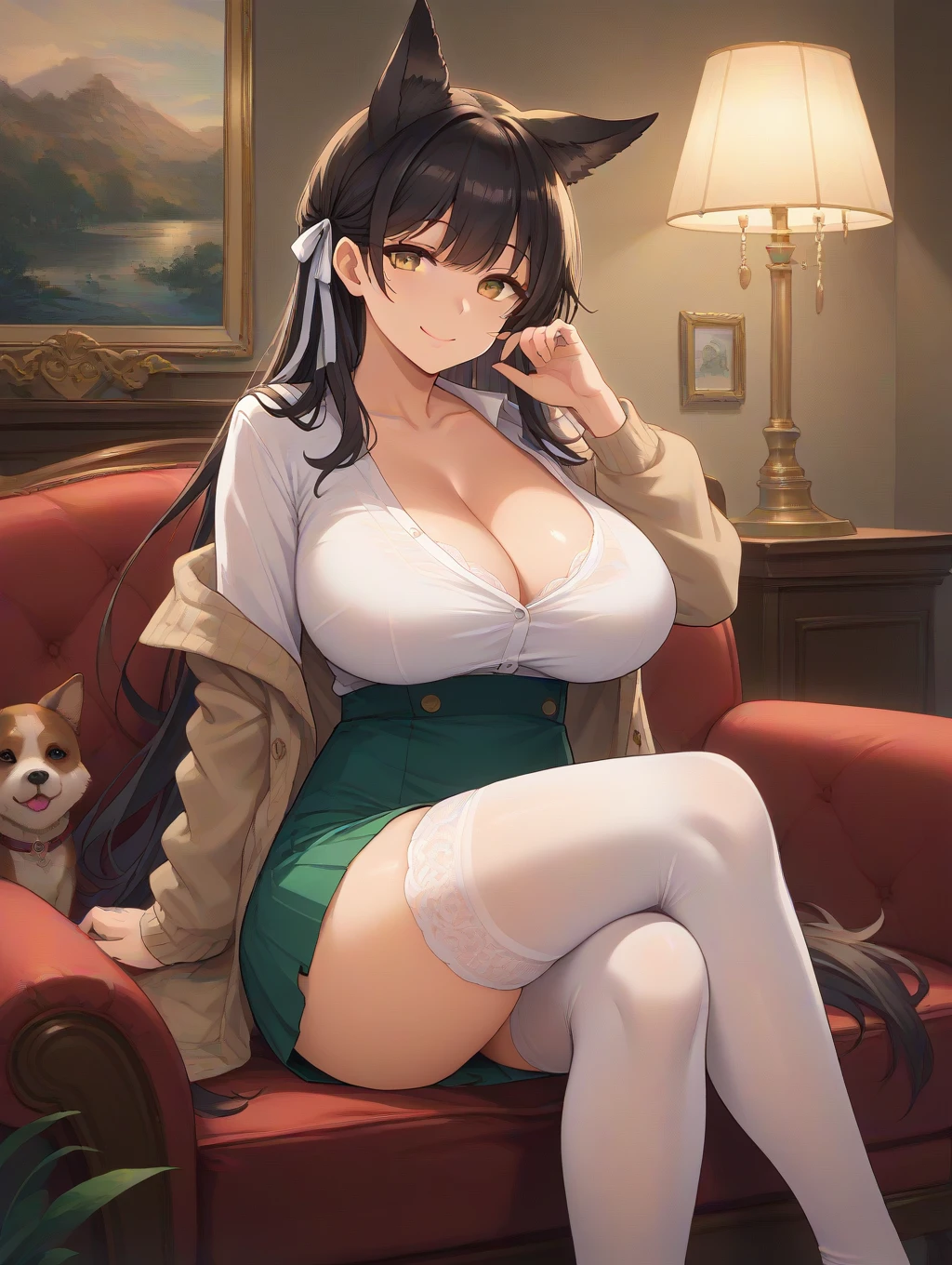 score_9, score_8_up, score_7_up,source_anime,BREAK,
1girl, atago, azur_lane, animal_ears, black_hair, black_thighhighs, breasts, dog_ears, extra_ears, yellow_eyes, sitting, crossed_legs, adjusting_hair, smile, closed_mouth, (mature female:1.2), tall female, huge breasts, curvy, collarbone, beautiful face, highly detailed faces and eyes, shiny skin, shiny, large_breasts, long_hair, ribbon, skindentation, smile, swept_bangs, thighhighs, white_ribbon, mole_under_eye, skirt, green_skirt, (long_skirt:1.2), blouse, white_blouse, cardigan, brown_cardigan, indoors, living_room, couch, evening, lamp,