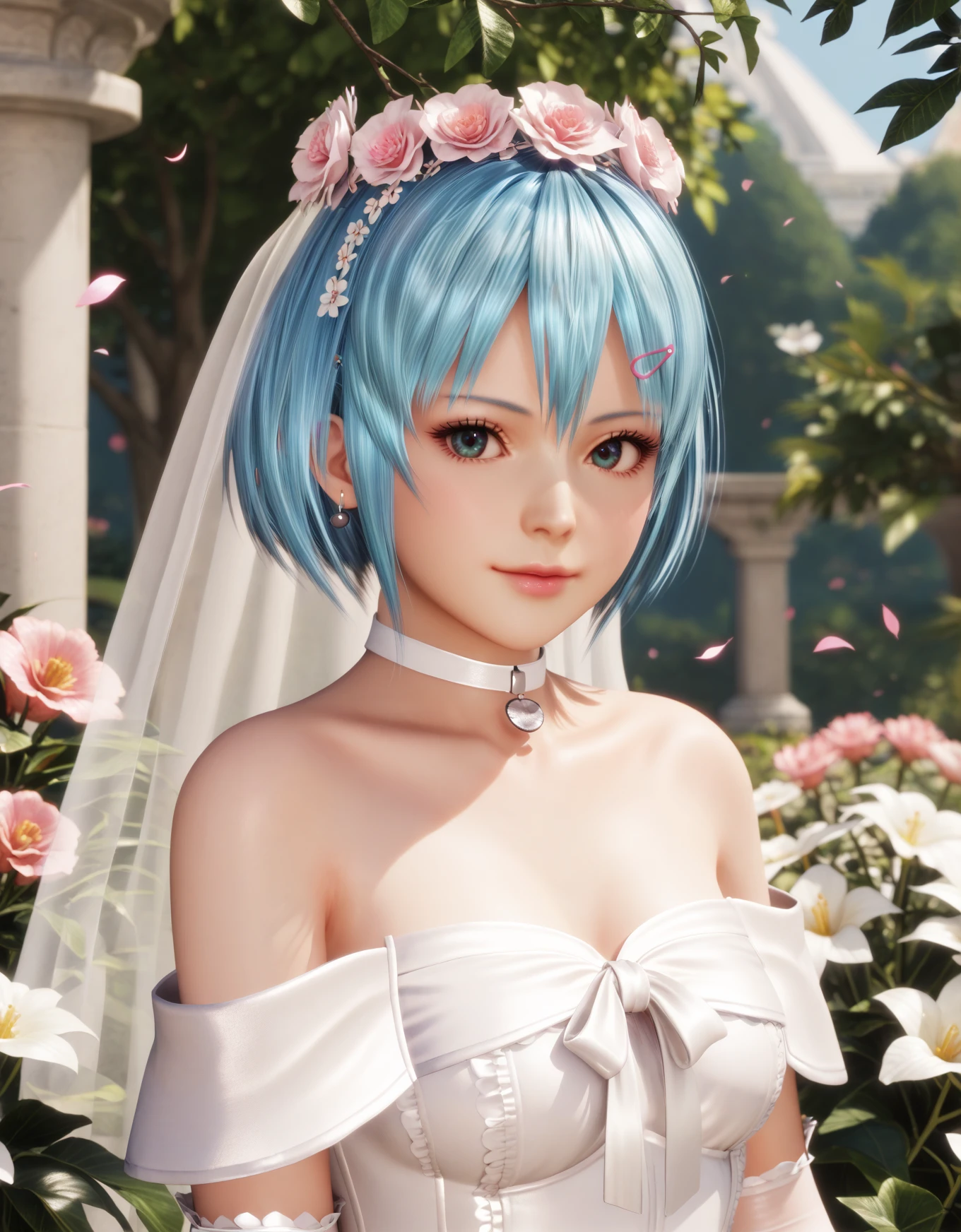 1girl, nico_(doa), hairclip, wedding_dress, bridal_gauntlets, bridal_veil, bare_shoulders, white_choker, upper_body, looking_at_viewer, 
outdoors, 

score_9, score_8_up, score_7_up, 8k, masterpiece, best quality, perfect anatomy, very aesthetic, absurdres, intricate detailed, 