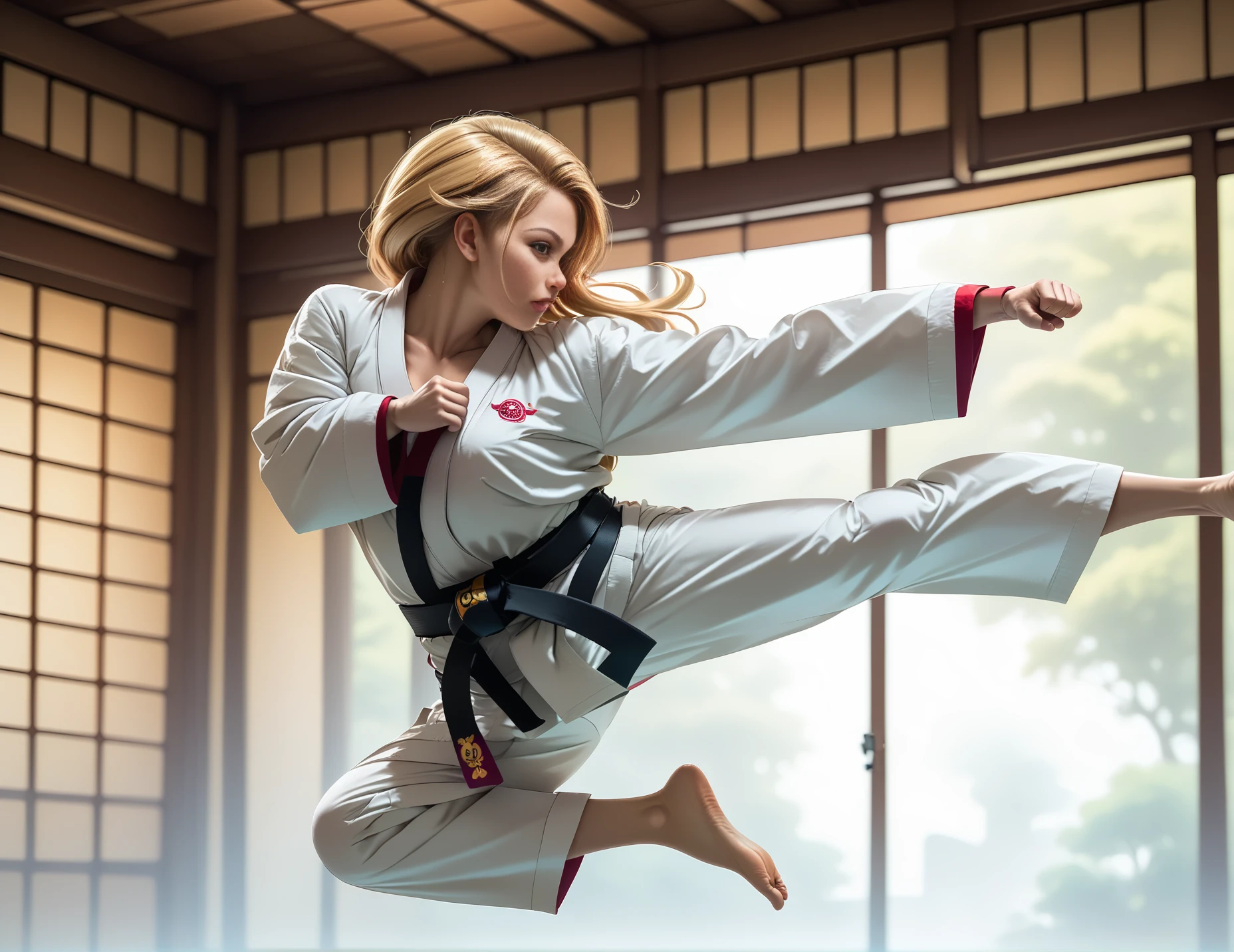 score_9, score_8_up, score_7_up, jusiki, side view, (slim 25yo female), doing a high jump sidekick, in dojo. karate uniform and black belt,long blonde straight hair <lora:JumpedSideKickPony-000007:1>