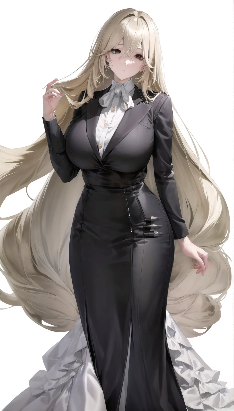 light blonde hair, 
(formal:1.28),
lady,milf,mature female,
(white background,simple background:1.18),
highres,official art,original,masterpiece,best quality,
(large breasts),
<lora:alexandrina1:1.2>