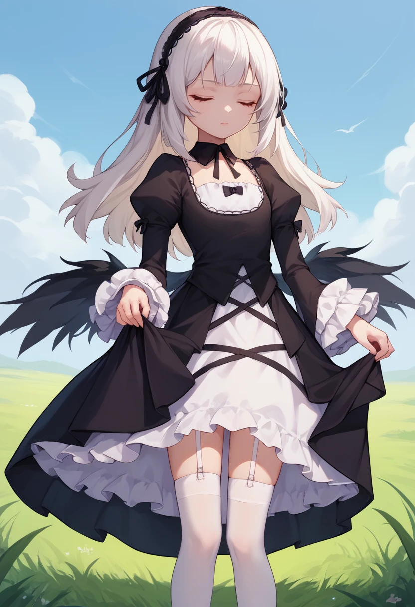 score_9, score_8_up, score_7_up, solo, 1girl, suigint0u, doll joints, expressionless, looking down, standing, skirt hold, white hair, black hairband, closed eyes, frills, black dress, detached collar, black ribbon, long sleeves, frilled sleeves, puffy sleeves, white thighhighs, garter straps, black wings, outdoors, grass <lora:rozenmaiden_suigintou_ponyXL:1>