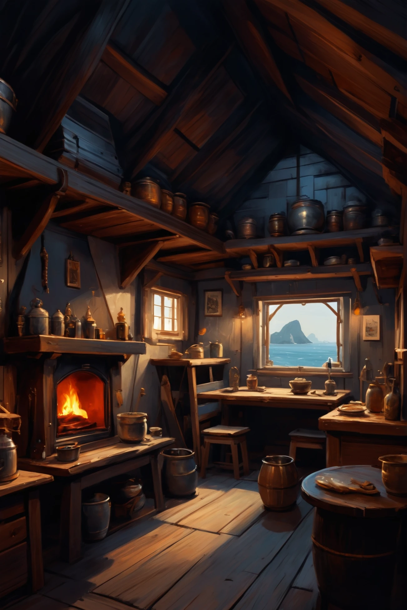 digital painting, High Fantasy Peaceful __ei/race__ Fisherman's hut, Wooden furniture,Pewter dishes, (crowded:1)<lora:EnvyMedievalInteriorXL01:0.75>