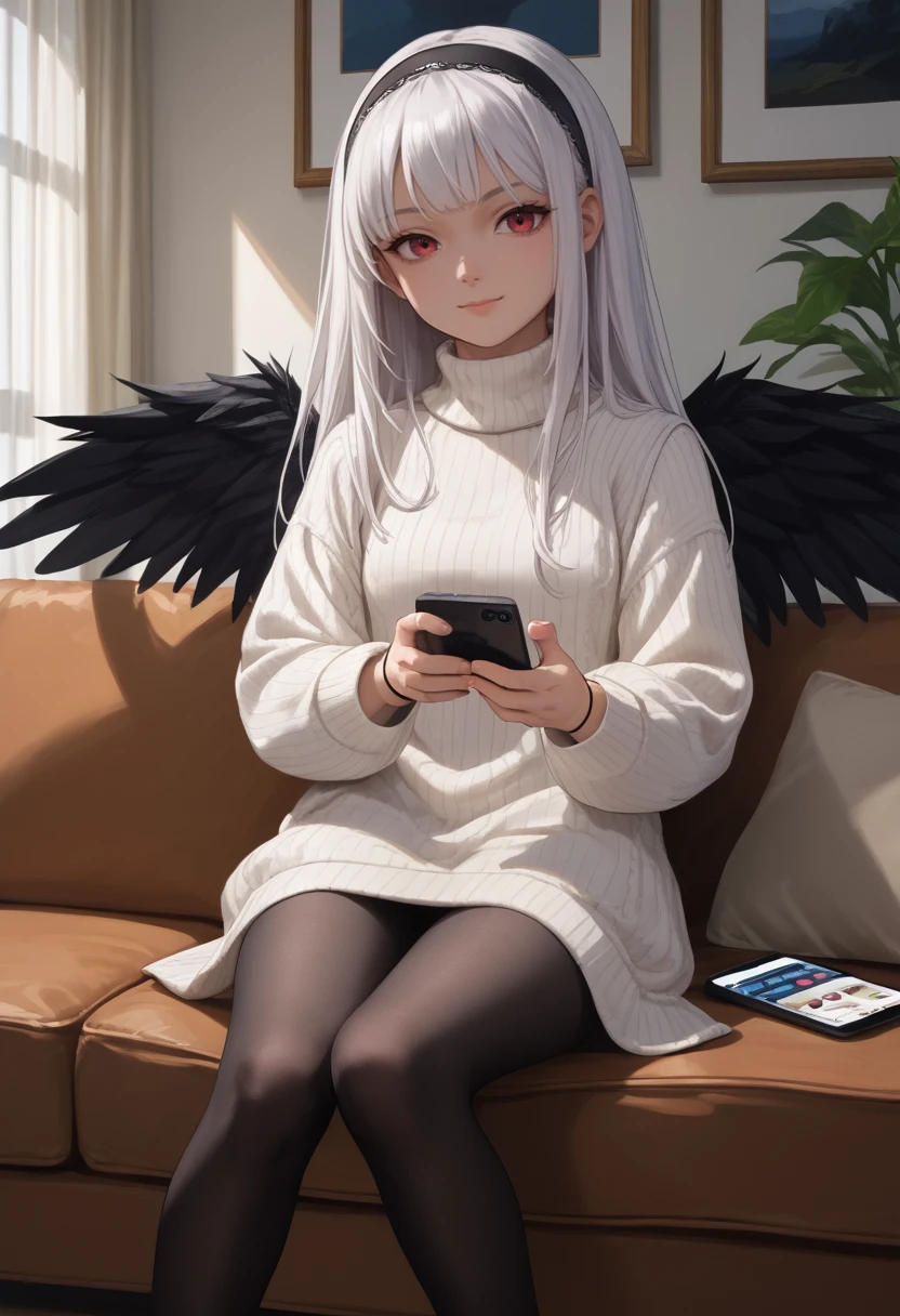 score_9, score_8_up, score_7_up, source_anime, solo, 1girl, suigint0u, doll joints, light smile, looking at viewer, sitting on couch, holding phone, long hair, white hair, black hairband, white sweater, sweater dress, ribbed sweater, turtleneck, black pantyhose, black wings, indoors, living room <lora:rozenmaiden_suigintou_ponyXL:1>