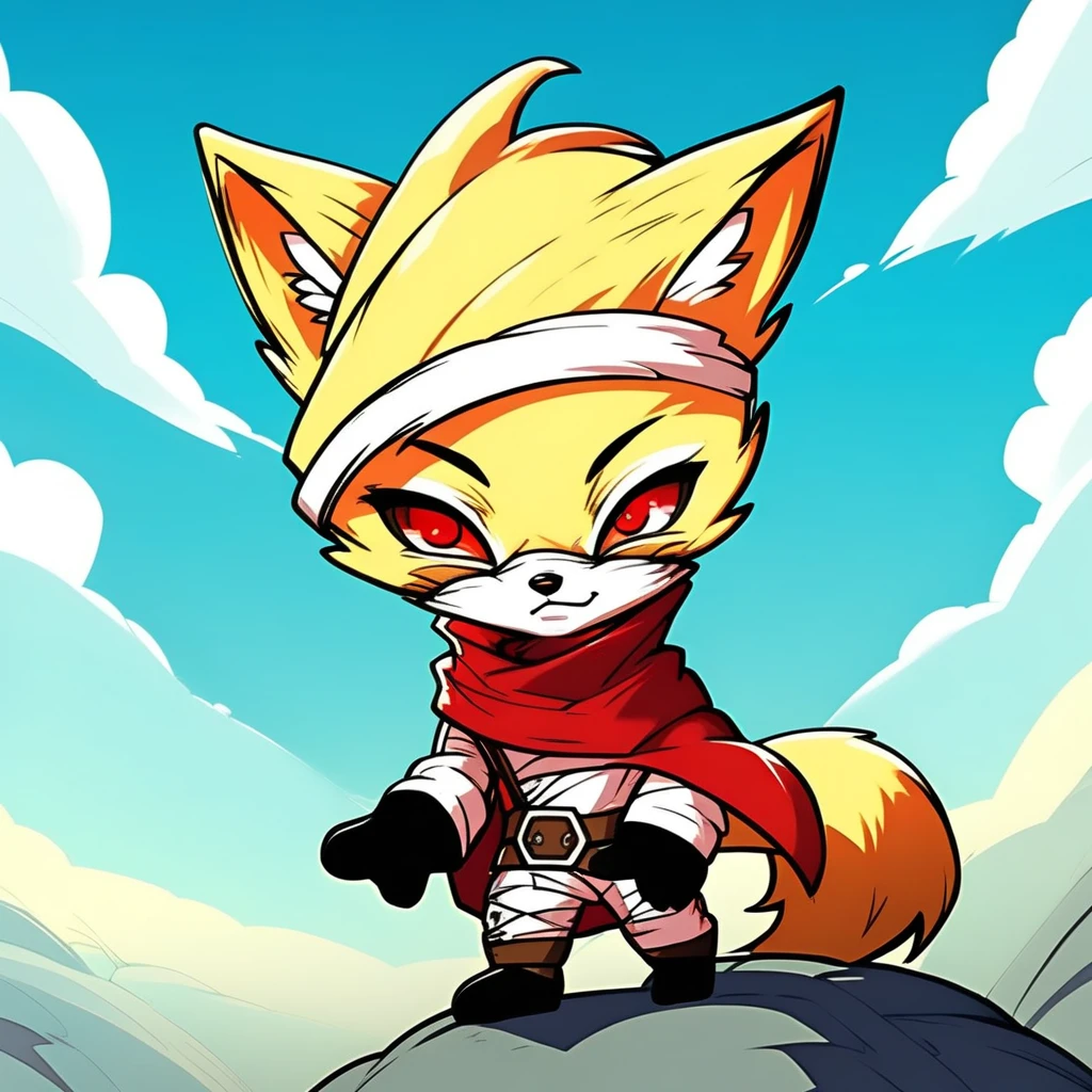 blonde hair, crack, sly expression, fox from league of legends chibi, tiger,  red scarf, cloak with hood,  concept art, gloves, colored sclera, teeth, orange fur, barefoot, blue sky, abs