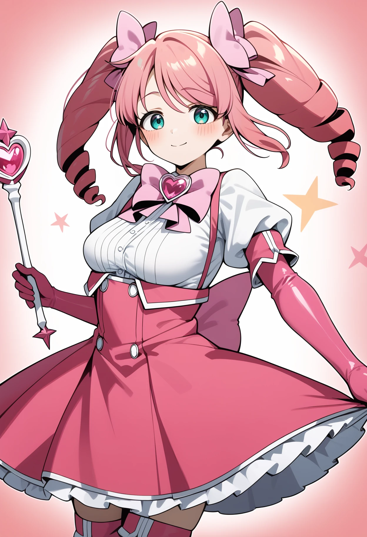 score_9, score_8_up, score_7_up, score_6_up, score_5_up, score_4_up, source_anime, aaharuka, pink hair, twintails, drill hair, aqua eyes, breasts, magical girl, pink bowtie, brooch, pink dress, white shirt, puffy sleeves, short sleeves, elbow gloves, pink gloves, frills, pink thighhighs, <lora:hanabishi_haruka_ponyxl_v1:0.9>, holding wand,