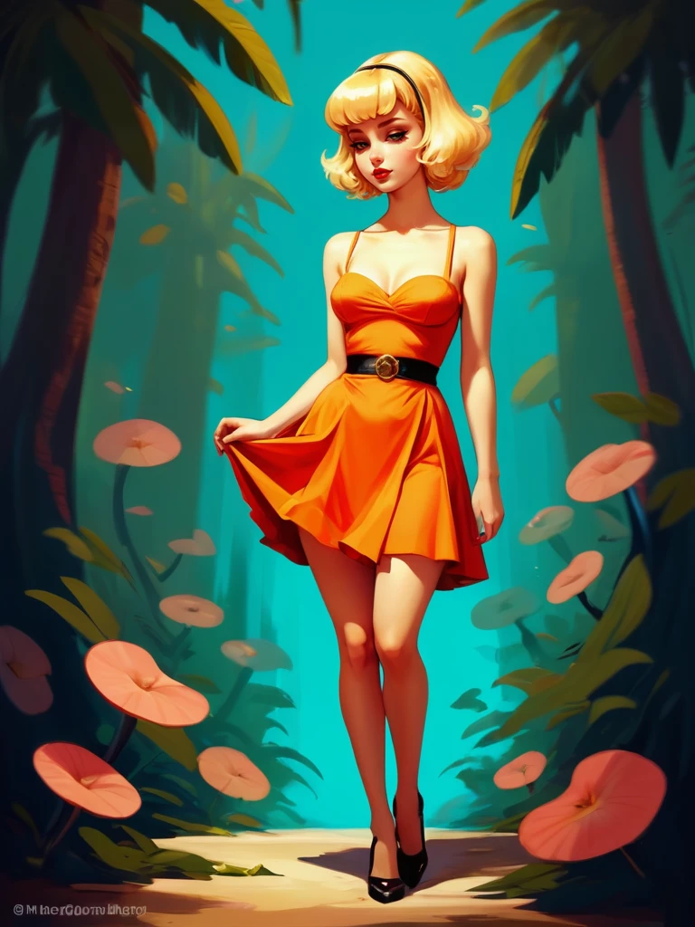 digital painting, idyllic modern retro 1950s fantasy, 1980s hair band girl, (full body:1.2), 1girl, woman, beautiful, solo, [:formal costume design,:0.2], monk, bombshell hair, blonde hair, bombshell hime cut, thick thighs, narrow waist, caucasian<lora:EnvyMushroomWorldXL01:1>