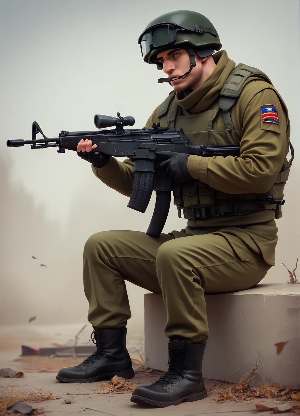 score_9, score_8_up, score_7_up,  RussianSoldier, solo, 1boy, holding, sitting, weapon, male focus, boots, gun, helmet, rifle, realistic, assault rifle, holding ak-74,  <lora:RussianSoldier-000004:1>