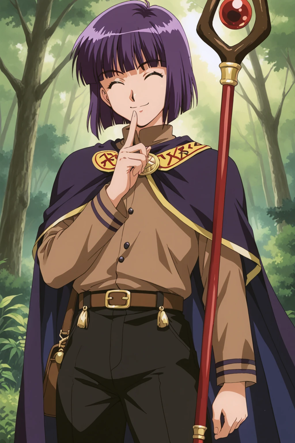 cowboy shot, retro art style, 1990s \(style\), Araizumi Rui, 1boy, solo, smile, short hair, bangs, closed eyes, purple hair, blunt bangs, tree, nature, forest, purple cape, magical staff, bag, cape, staff, finger to mouth, holding staff, brown shirt, black trousers, magic talismans,