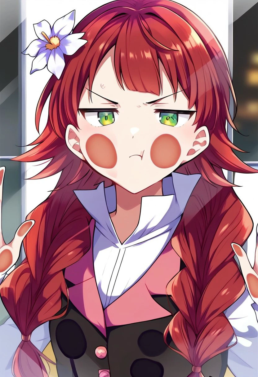 1girl, solo, braid, twin braids, red hair, bangs, long hair, hair ornament, flower, hair flower, green eyes, dress, skirt, vest, long sleeves, white shirt, frills, against glass, breast press, cheek press, annoyed, small breast, hands against glass, pressed on glass, window, upper body, looking at viewer