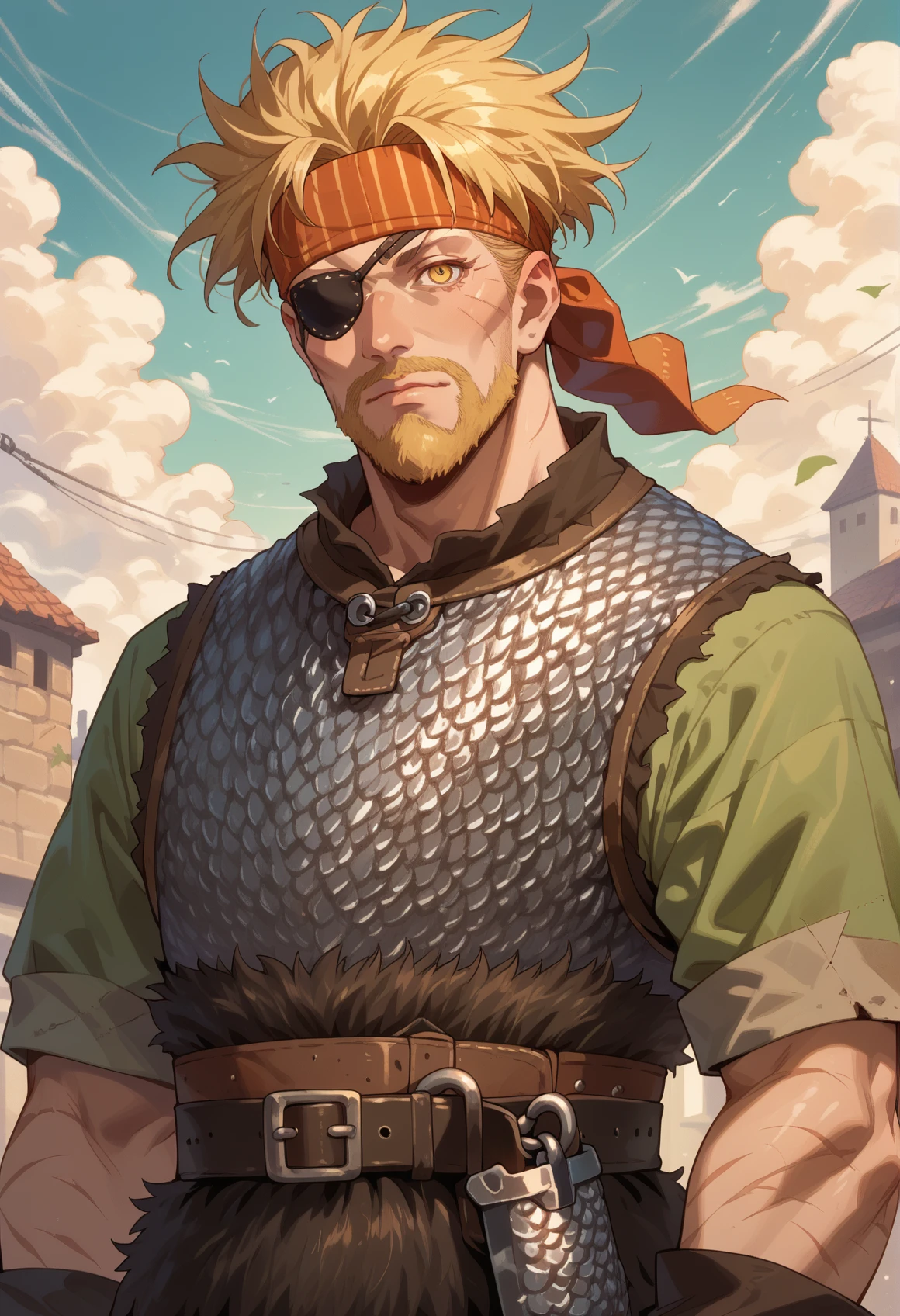 <lora:Thorkell:0.85> Thorkell, beard, (yellow eyes:1.15), chainmail armor, belt, headband, short green sleeves, eyepatch, scars,looking at viewer, score_9, score_8_up, score_7_up, score_6_up