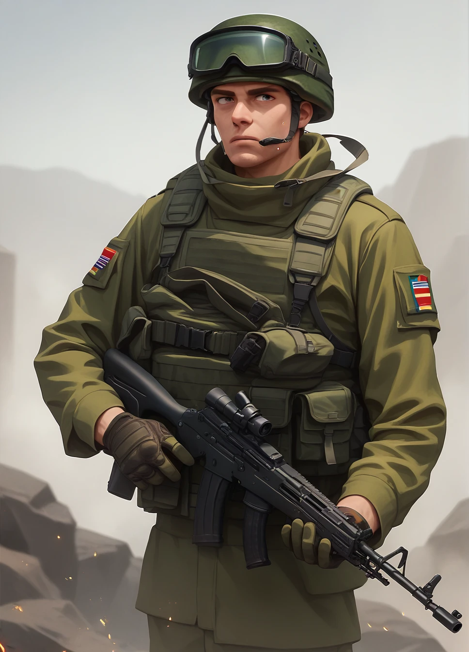 score_9, score_8_up, score_7_up,  RussianSoldier, solo, gloves, 1boy, holding, weapon, male focus, holding weapon, gun, balaclava, helmet, goggles, holding gun, rifle, assault rifle, goggles on headwear,  <lora:RussianSoldier-000004:1>