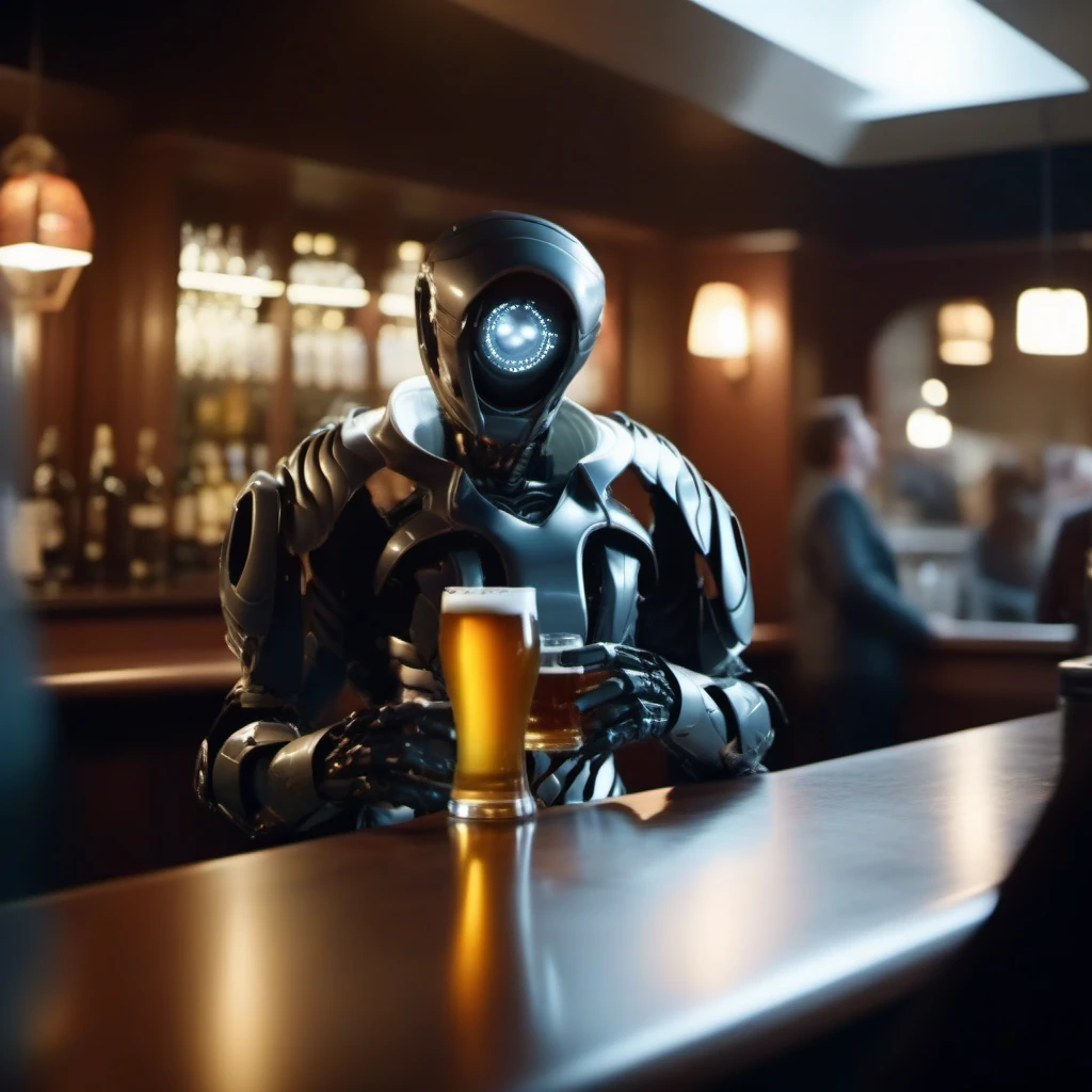 cinematic photo robot having a beer in a pub  <lora:LIS-V3:0.8> . 35mm photograph, film, bokeh, professional, 4k, highly detailed