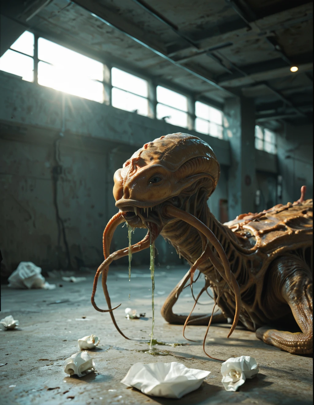 Fraction_9, Fraction_8_up, Fraction_7_up, score_clearly.
BREAK Dystopian interior sci-fi movie stills, Weird looking alien creatures，Tadpole-like，Creamy white ridged skin，Decorated with obsidian black pattern. Fidgeting in a Green brown organic slurry inside concrete bunker. The natural light of the early morning shines through the narrow gun holes, Soft shadows. Take a closer look at the evil organoids and alien debris scattered around. It feels like a giant alien creature exploded from the inside., Leaving behind tissue remnants and a creepy-looking white tadpole.
Take a break. A disturbing alien creature fidgets in the center of the scene.. This creature is very similar to a tadpole.，But there is a kind of extraordinary charm. Its skin is milky white，Ribbed, Decorated with black graphic pattern. The creature appears to be in distress, May react to surroundings.
The floor of the concrete bunker is covered with a thick layer of, Green brown organic slurry. The mud appears to be the remains of an alien life form that exploded, It is scattered with some tissue fragments and other organic matter.. Moist and sticky texture, Increased the disgusting feeling of the whole scene.
Disruption of zPDXL2 