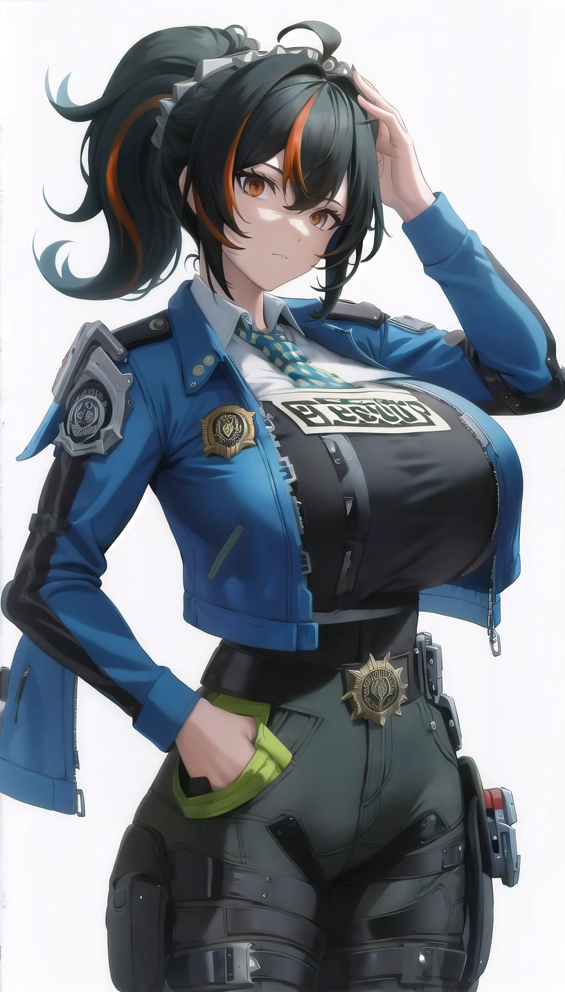 high ponytail, streaked hair,
blue jacket,black pants,police uniform,
(white background,simple background:1.18),
highres,official art,original,masterpiece,best quality,
(huge breasts),
<lora:zhuyuan2:0.8>