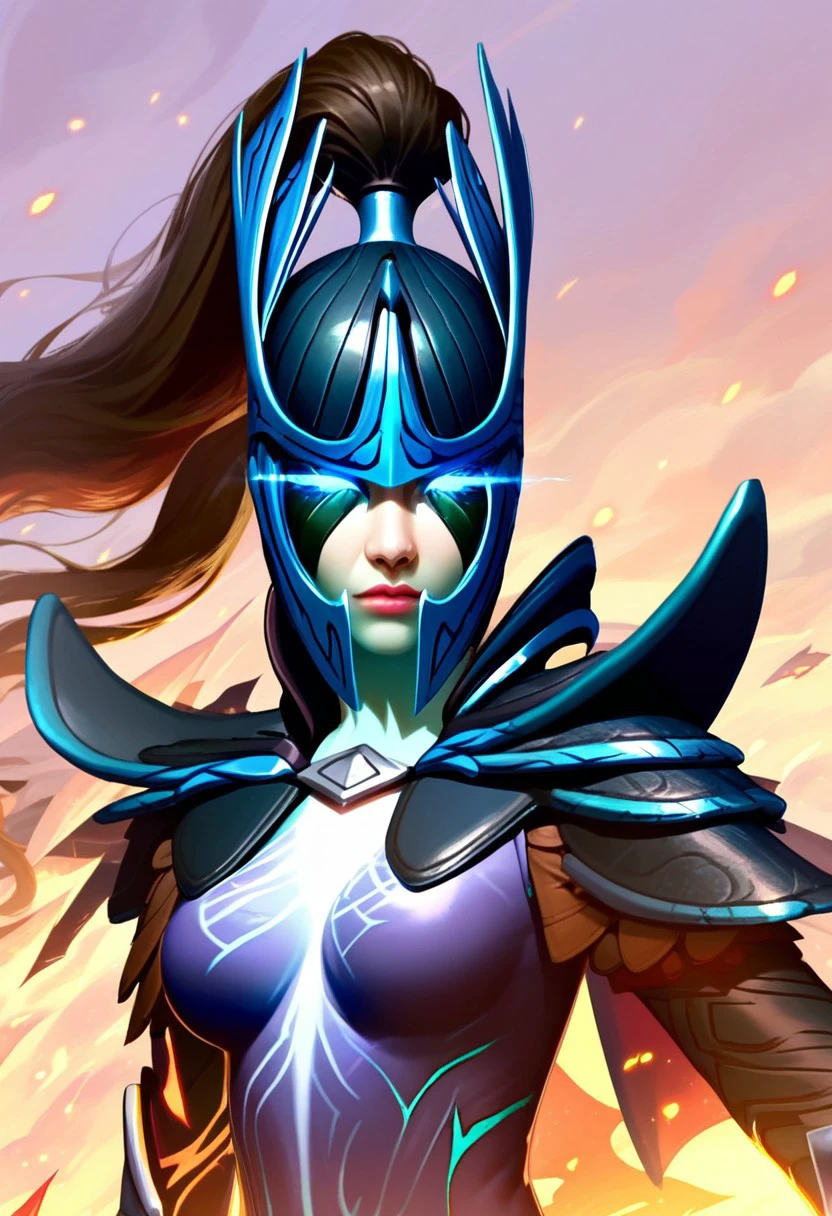 score_9, score_8_up, score_7_up, score_6_up, derpibooru_p_95, source_anime, very aesthetic, anime screencap, anime coloring, 
phantom assassin arcana, phantom assassin arcana \(dota 2\), 1girl, solo, long hair, breasts, looking at viewer, blue eyes, upper body, ponytail, weapon, armor, lips, glowing, helmet, shoulder armor, glowing eyes