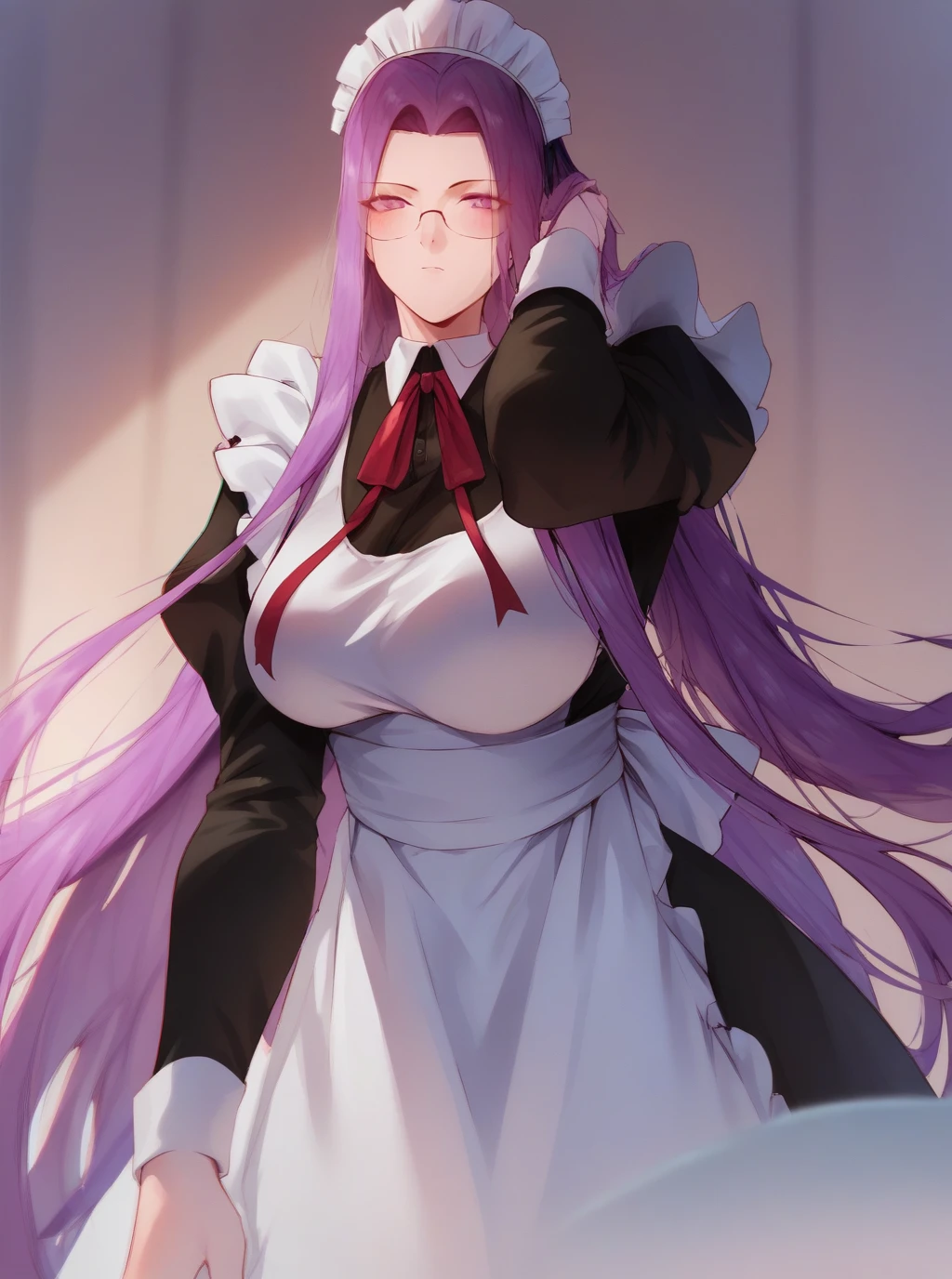 score_9, score_8_up. score_7_up, <lora:roror0:1>,  roror0,
1girl, long hair, medusa (rider) (fate), solo, medusa (fate), breasts, purple hair, glasses, large breasts, forehead, looking at viewer, very long hair, purple eyes, apron, long sleeves, maid headdress, black dress, white apron, maid, dress, bangs, parted bangs, ribbon, blush, puffy sleeves, official alternate costume, sidelocks, enmaided, alternate costume, neck ribbon, red ribbon, maid apron