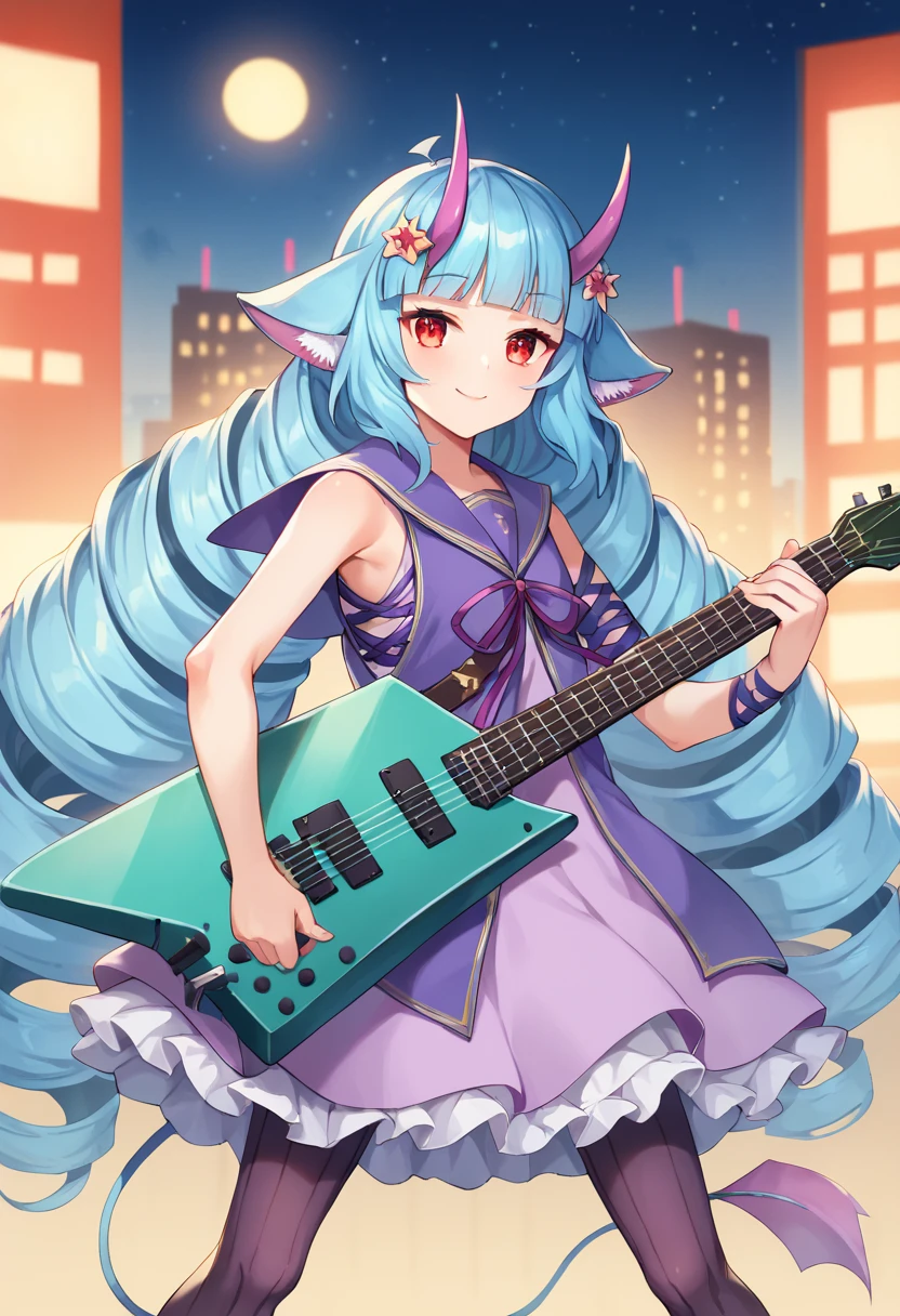 score_9,score_8_up,score_7_up,source_anime,masterpiece,best quality,game cg,1girl,solo,little_girl,delmin_(show_by_rock!!),very long hair,drill hair,blue hair,twin drills,blunt bangs,red eyes,horns,animal ears,hair ornament,tail,purple dress,sailor collar,sleeveless,pantyhose,<lora:delminSB69:1>,cowboy_shot,dynamic_angle,looking_at_viewer,standing,delmin_gui,guitar,(two-tone_guitar:1.1),holding guitar,playing instrument,night,city,smile,starry_sky,night_sky,