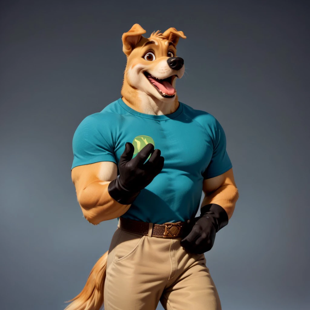 score_9, score_8_up, score_7_up, score_6_up, score_5_up, score_4_up, realistic, detailed face, detailed eyes, flat color  
BREAK
Hunter, Road Rovers, Dog, Anthro Dog, Anthro Male, furry male, Solo, Yellow Fur, Brown Eyes, Black Nose, folded ears, muscular male, laughing green shirt, black gloves, tan pants
BREAK
<lora:IndigoToonMix_Style:0.3> ITMStyle