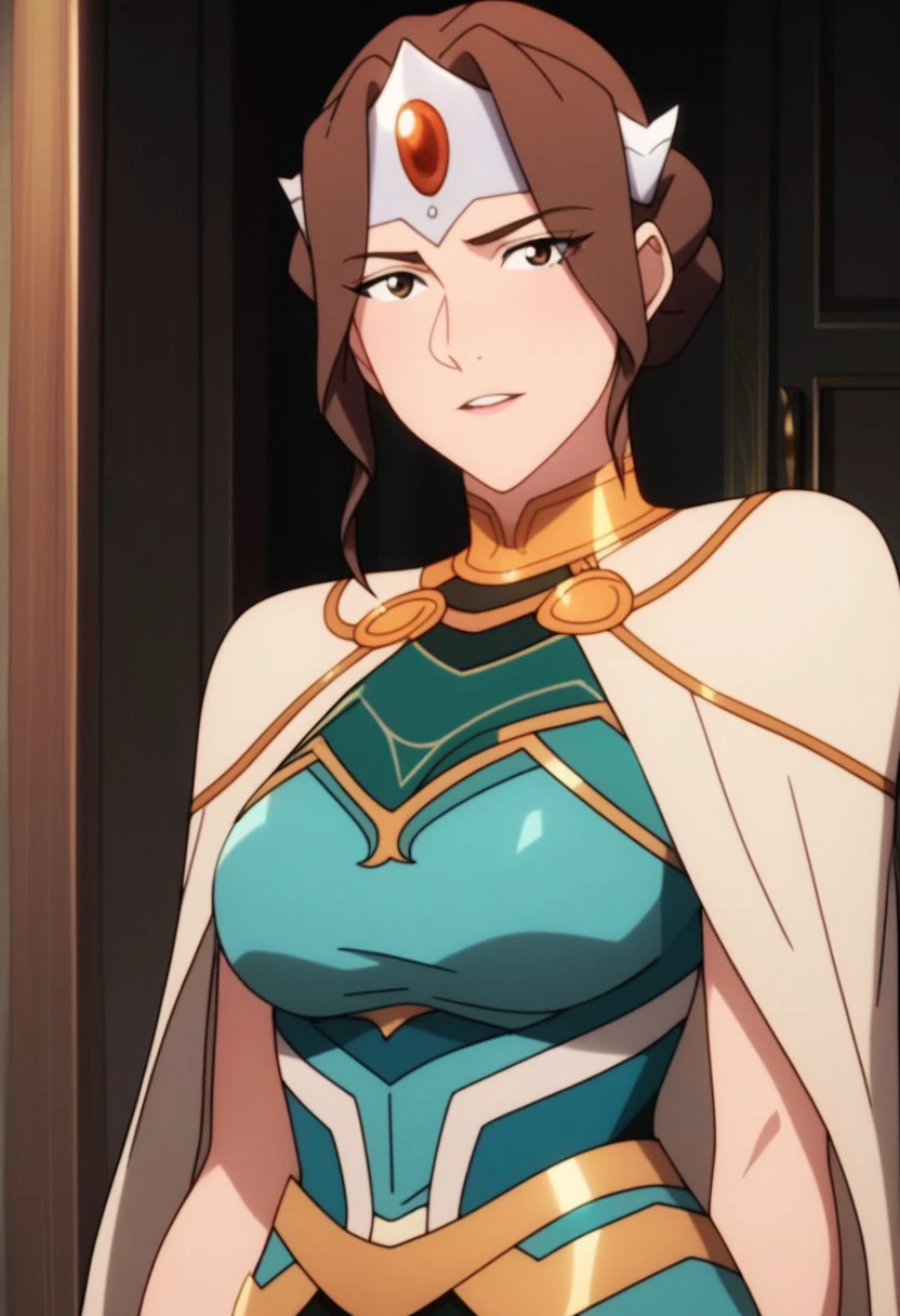 score_9, score_8_up, score_7_up, score_6_up, derpibooru_p_95, source_anime, very aesthetic, anime screencap, anime coloring, 
mirana anime, mirana empress, mirana empress \(dota 2\), 1girl, breasts, looking at viewer, short hair, brown hair, 1boy, upper body, parted lips, indoors, dark skin, cape, armor, facial hair, parody, dark-skinned male, circlet, door, bald