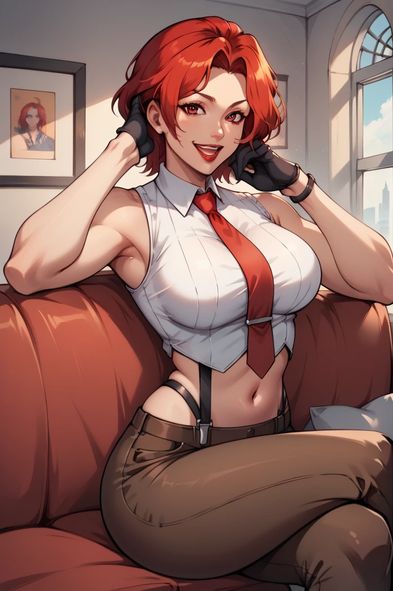 score_9, score_8_up, score_7_up, score_6_up, source_anime, BREAK masterpiece,  <lora:VanessaKOF_V2:0.9>, VanessaKOF, red hair, short hair, sleeveless shirt, red necktie,  navel, brown pants,  red couch,  smile, open mouth, breasts, looking at viewer, window, red lips,  siting, crossed legs, black gloves, hand on own face,