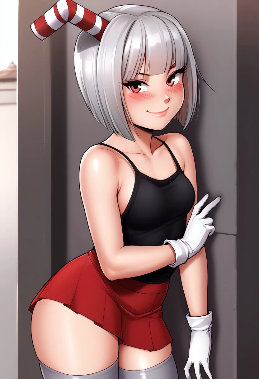 score_9, score_8_up, score_7_up, , shiny skin:0.1, source_anime, , deep skin,, high quality, highres, , 1girl, (curvy), thick thighs, cute, small breasts, (((human))) (Cuphead), solo, black eyes, black shirt, camisole, sleeveless, sideboob, white gloves, red Skirt, grey hair, grey stockings, short skirt, tomboy, blunt bangs, bob cut, (blush), smile, outside, realistic, striped ornament, seductive