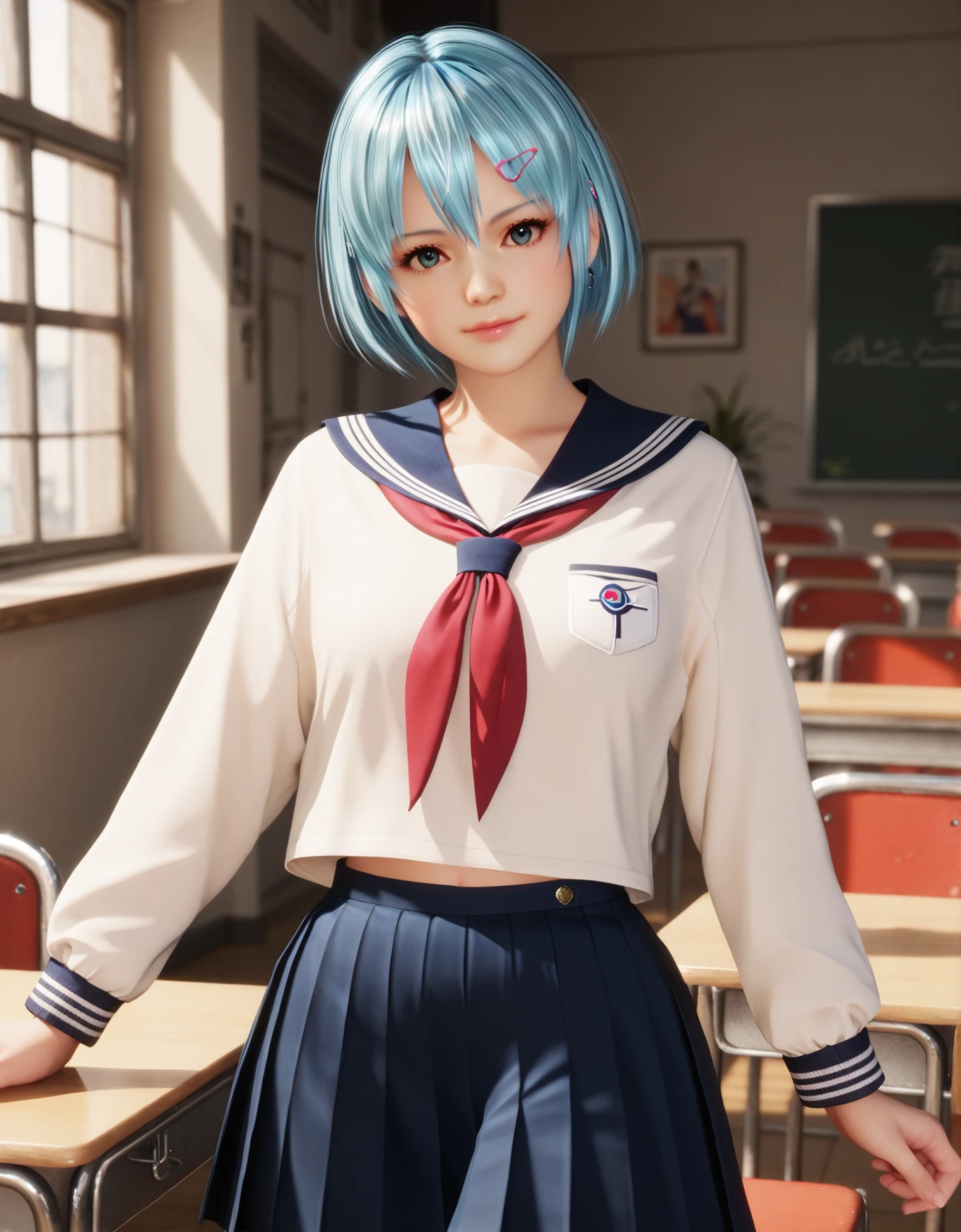 1girl, nico_(doa), hairclip, looking_at_viewer, school_uniform, serafuku, black pleated_skirt, red neckerchief, sailor_collar, white_shirt, long_sleeves, 
indoors, 

score_9, score_8_up, score_7_up, 8k, masterpiece, best quality, perfect anatomy, very aesthetic, absurdres, intricate detailed, 