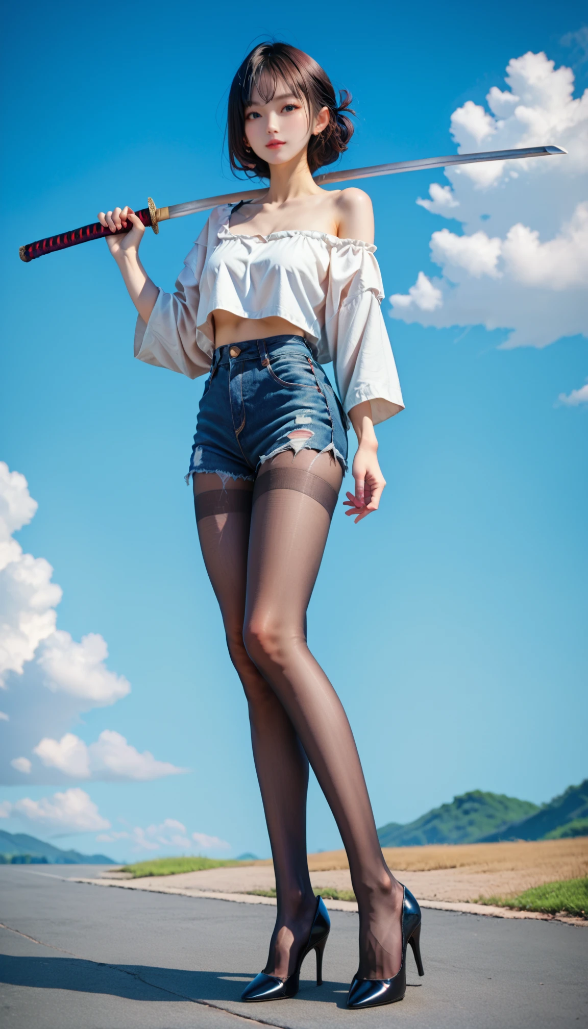 (katana, holding katana, katana over shoulder), 1girl, full body, high heels,  film grain, offshoulder top,  deep blue sky, cloudy sky,  denim shorts, pantyhose,
score_9, score_8_up, score_7_up <lora:katana-over-shoulder:1>