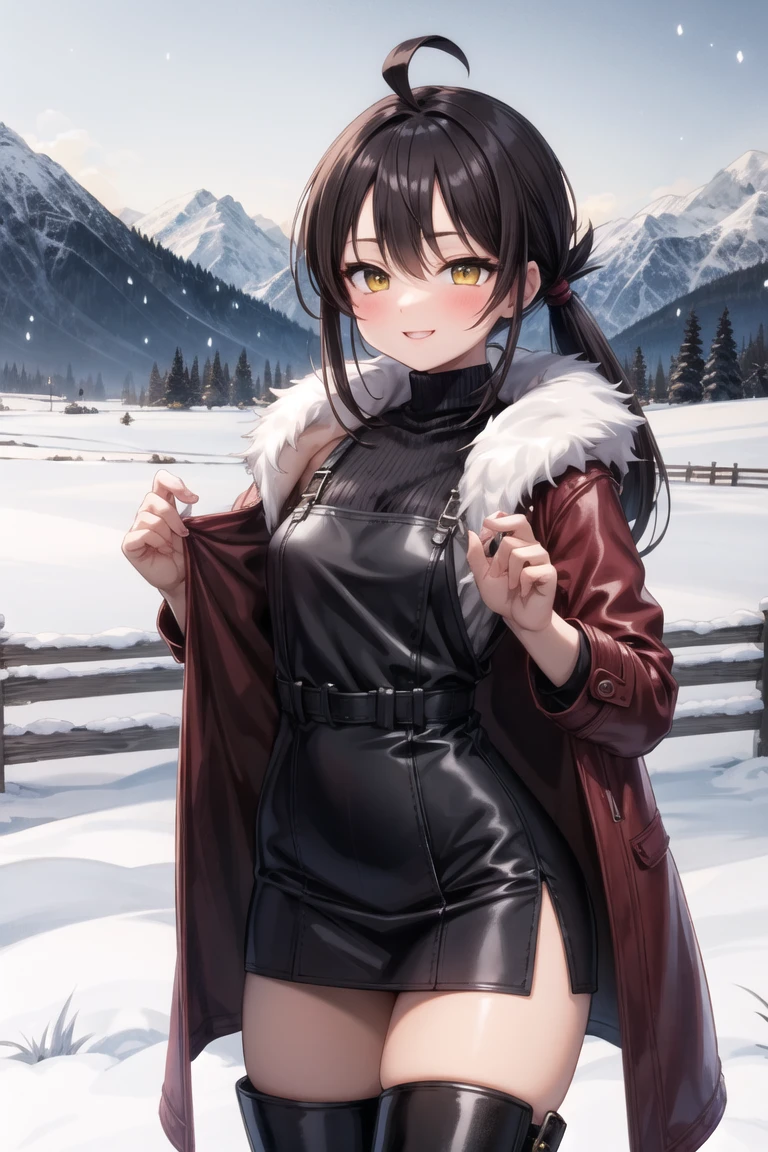 (masterpiece, best quality, beautiful and aesthetic:1.2), 1girl, solo,(soft skin:1.1),standing, cowboy shot,(detailed background), outside, snowstorm in the ice mountains, at dawn, winter clothes, (long overall coat:1.3), turtleneck sweater, (miniskirt:1.3), (long fur leggings:1.3),  (long leather boots:1.3), charming pose, seductive, smiling, yellow eyes, black hair, pony tail, ahoge, 
<lora:sakuraprin-10:0.7:lbw=ALL>