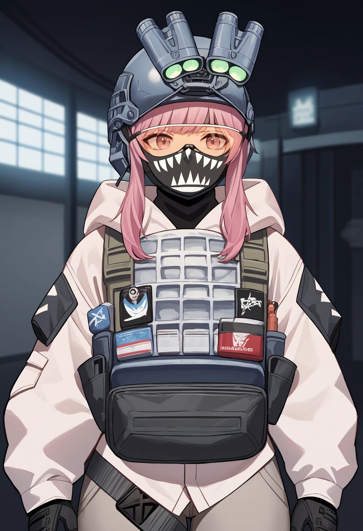 score_9, score_8_up, score_7_up, source_anime BREAK 1girl, solo, <lora:soldiereg-nikke-richy-v1_pdxl:1> sldreg, pink hair, bangs, helmet, headgear, goggles, mask, white hoodie, bulletproof vest, tactical clothes, gloves, grey pants
pink eyes