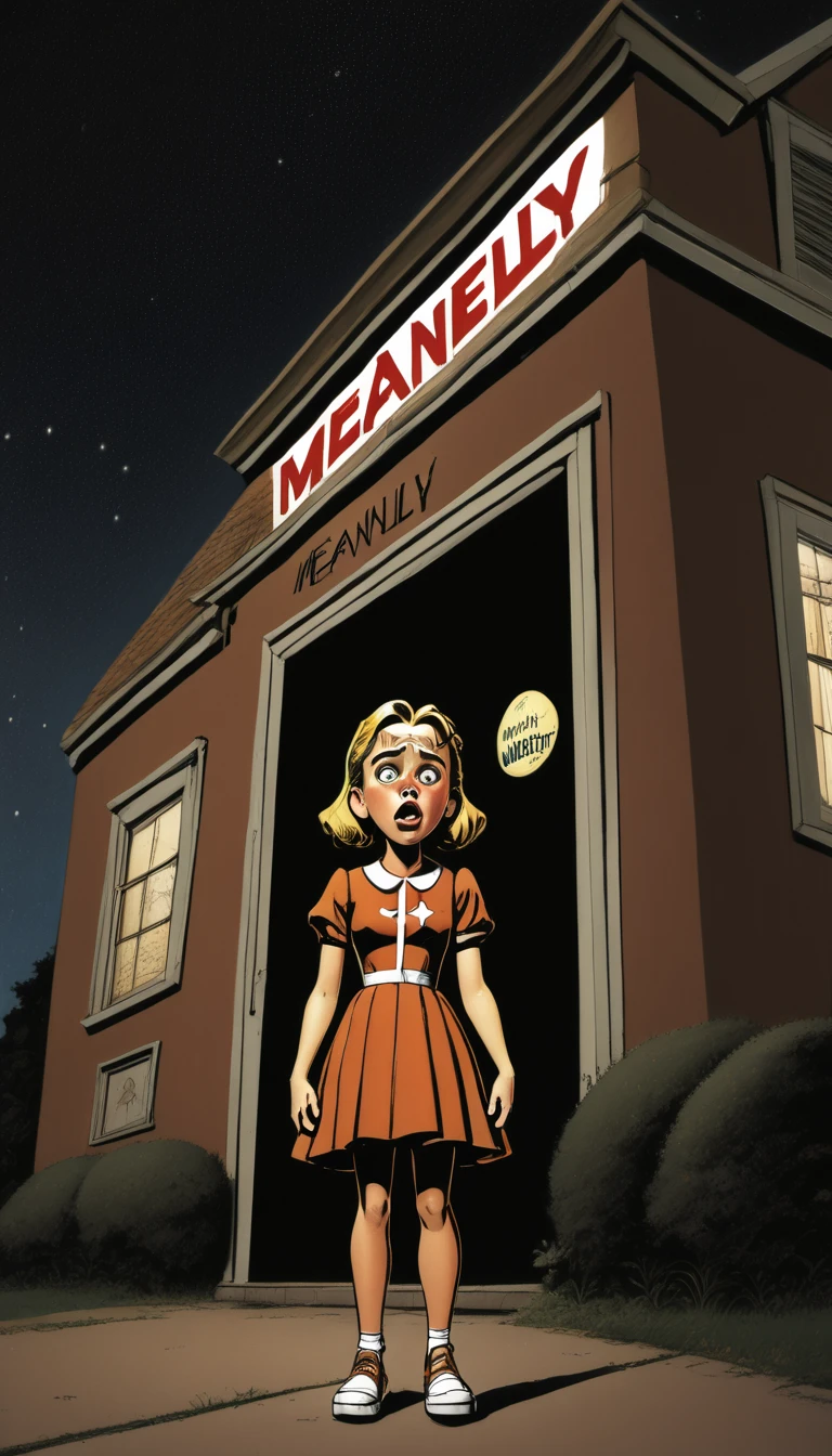 <lora:MeanNelly_Pony_XL:1> A MeanNelly girl  looks surprised standing in front of a building labeled 'MeanNelly' under a starry night sky.